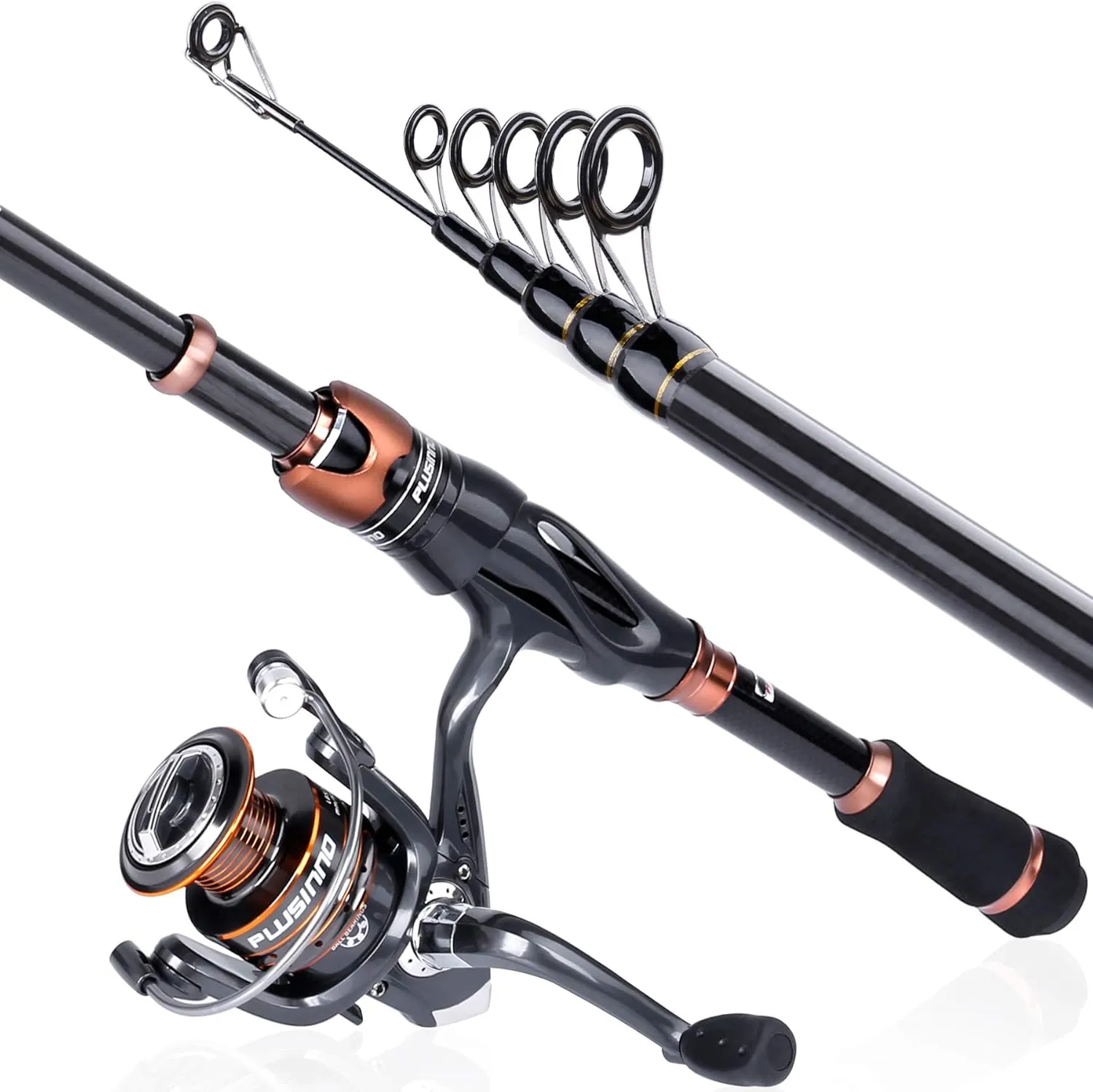PLUSINNO Fishing Rod and Reel Combos, Bronze Warrior Toray 24-Ton Carbon Matrix Telescopic Fishing Rod Pole, 12  1 Shielded Bearings Stainless Steel BB Spinning Reel, Travel Freshwater Fishing Gear
