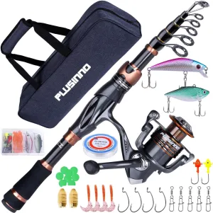PLUSINNO Fishing Rod and Reel Combos, Bronze Warrior Toray 24-Ton Carbon Matrix Telescopic Fishing Rod Pole, 12  1 Shielded Bearings Stainless Steel BB Spinning Reel, Travel Freshwater Fishing Gear