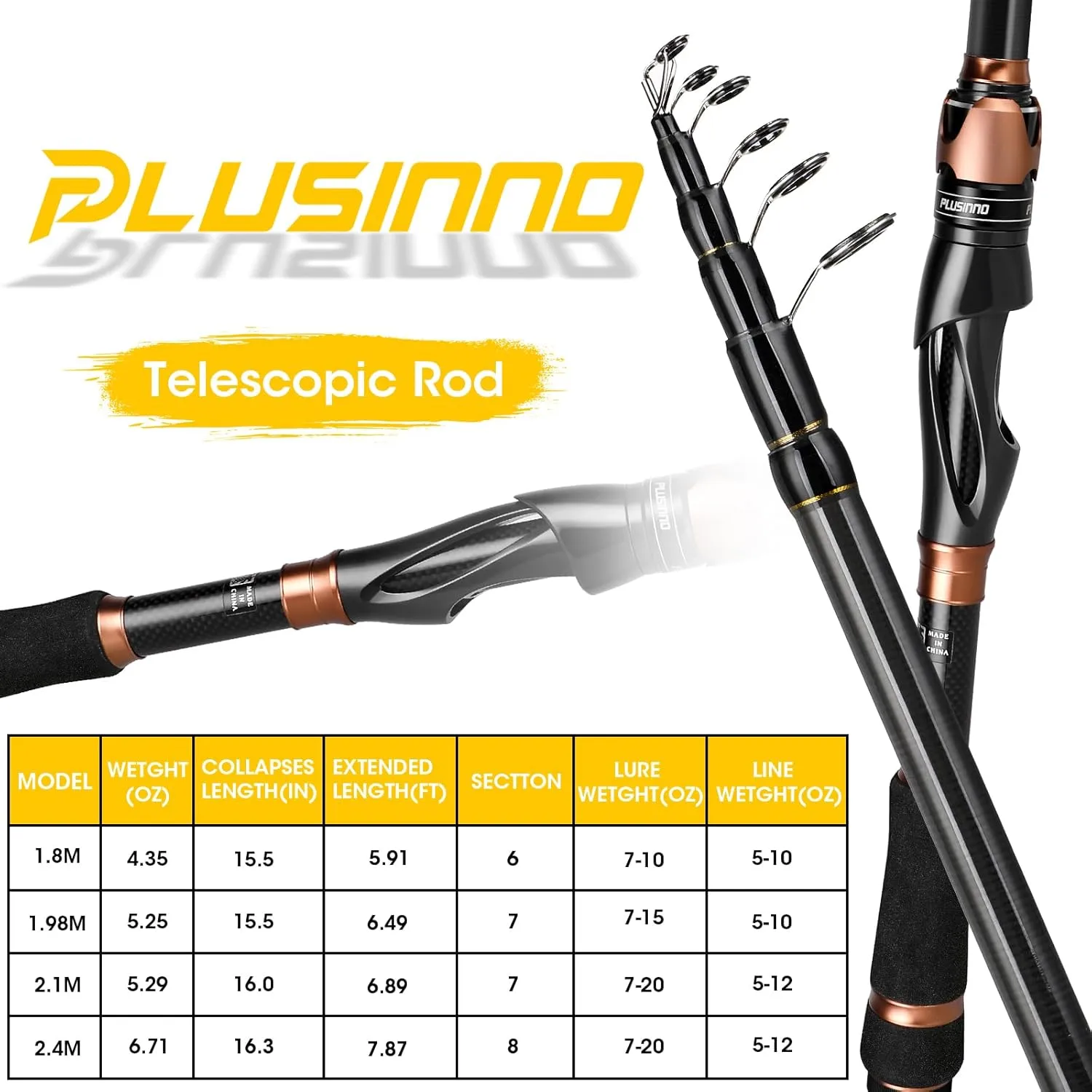 PLUSINNO Fishing Rod and Reel Combos, Bronze Warrior Toray 24-Ton Carbon Matrix Telescopic Fishing Rod Pole, 12  1 Shielded Bearings Stainless Steel BB Spinning Reel, Travel Freshwater Fishing Gear