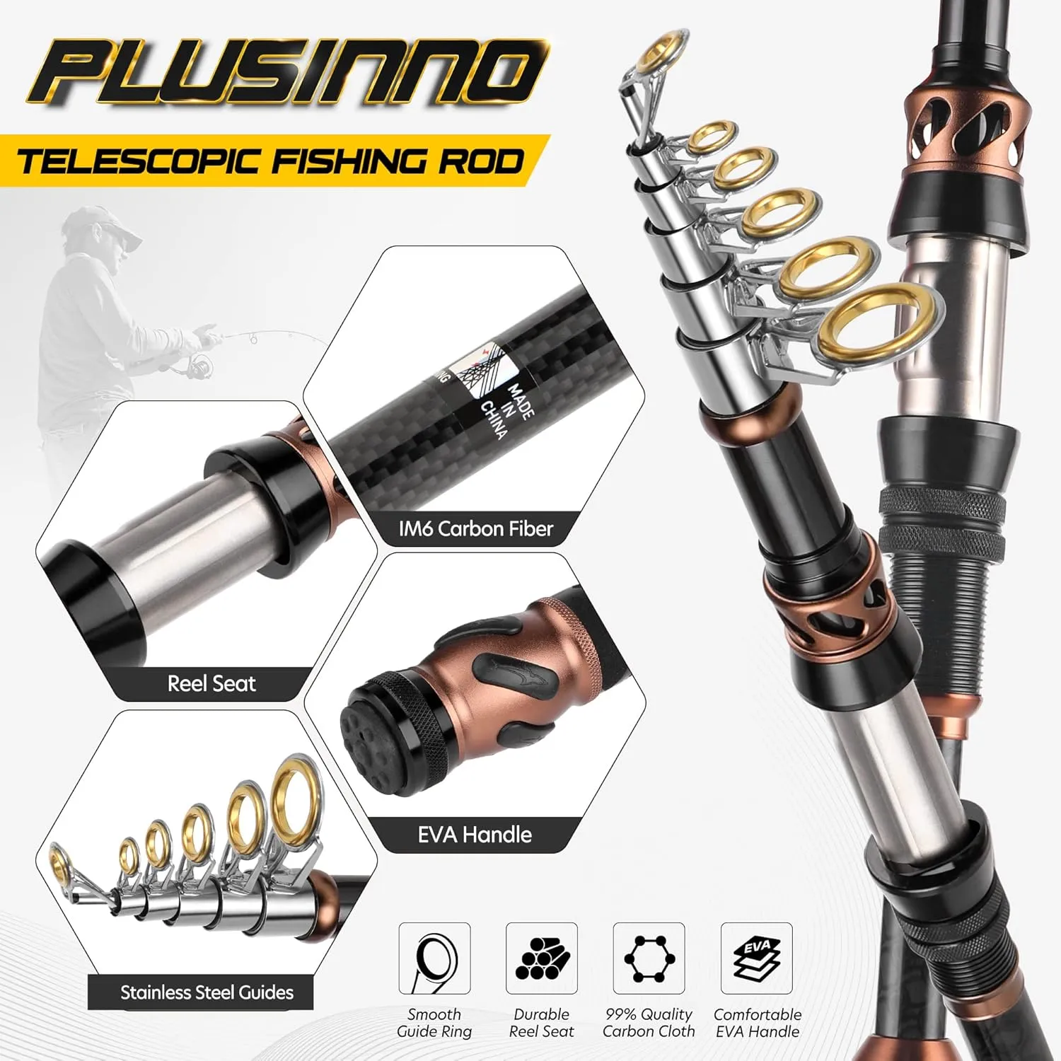 PLUSINNO Fishing Rod and Reel Combos - Carbon Fiber Telescopic Fishing Pole - Spinning Reel 12  1 Shielded Bearings Stainless Steel BB