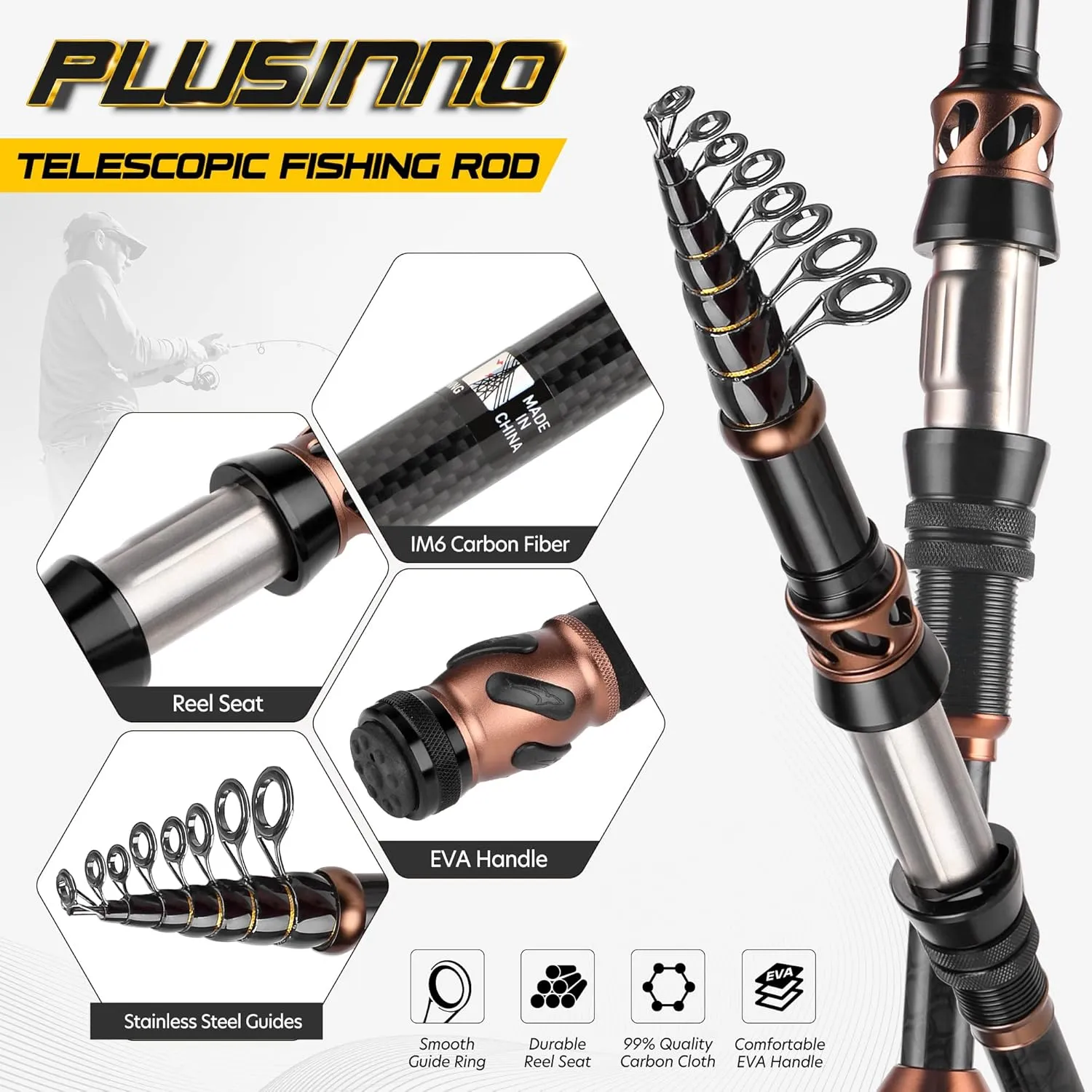 PLUSINNO Fishing Rod and Reel Combos - Carbon Fiber Telescopic Fishing Pole - Spinning Reel 12  1 Shielded Bearings Stainless Steel BB