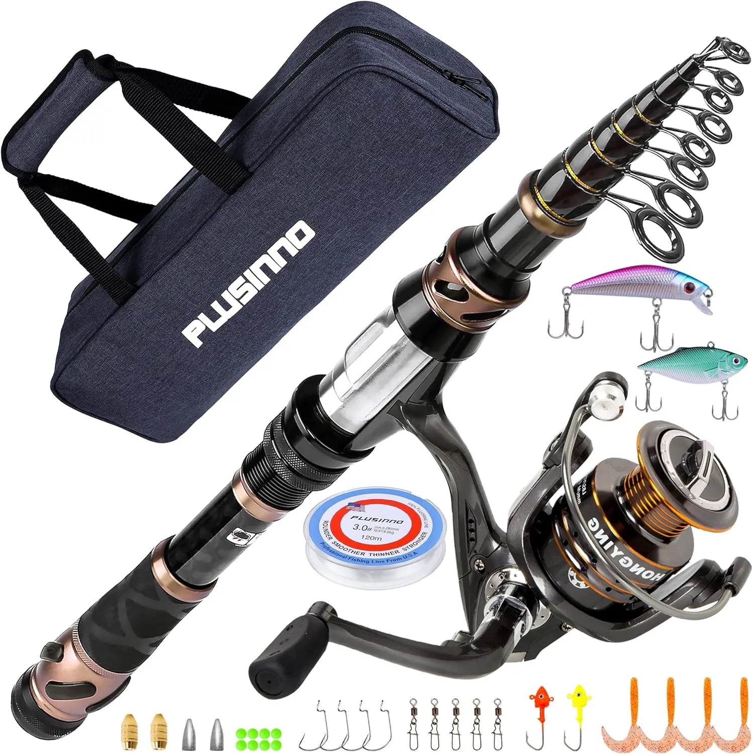 PLUSINNO Fishing Rod and Reel Combos - Carbon Fiber Telescopic Fishing Pole - Spinning Reel 12  1 Shielded Bearings Stainless Steel BB