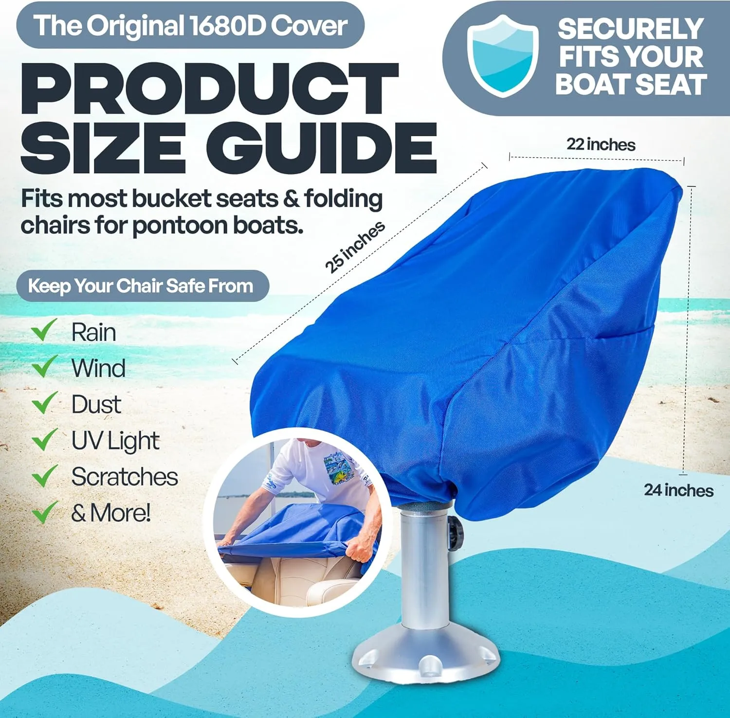Pontoon Boat Seat Covers - Our 24x22x25 Boat Seat Cover Protects Your Seat from The Elements - Heavy Duty & UV Resistant - Extra Thick 1680D Fabric (Blue)