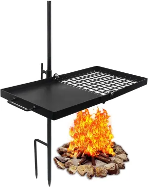 Portable Campfire Grill Grate with Adjustable Height, 24 x 12 inch Cooking Surface, Dual Grill and Griddle