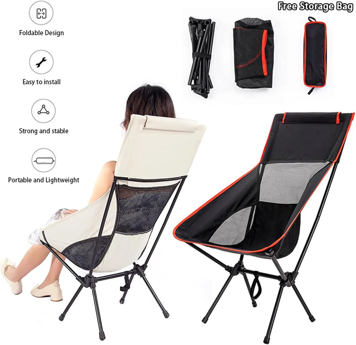 Portable Camping Chair Folding Backpacking Chair Lightweight Outdoor Camp Chair with Storage Bag,Beach Chair with Pillow for Travel,Sports,Picnic,Hiking, Backpacking (Grey)