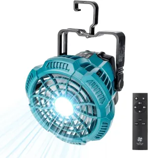Portable Camping Fan with LED Lantern for Makita 18V Battery Operated Tent Ceiling Fan with Remote Control, Small Outdoor Fan with Hook for Canopy(No Battery)