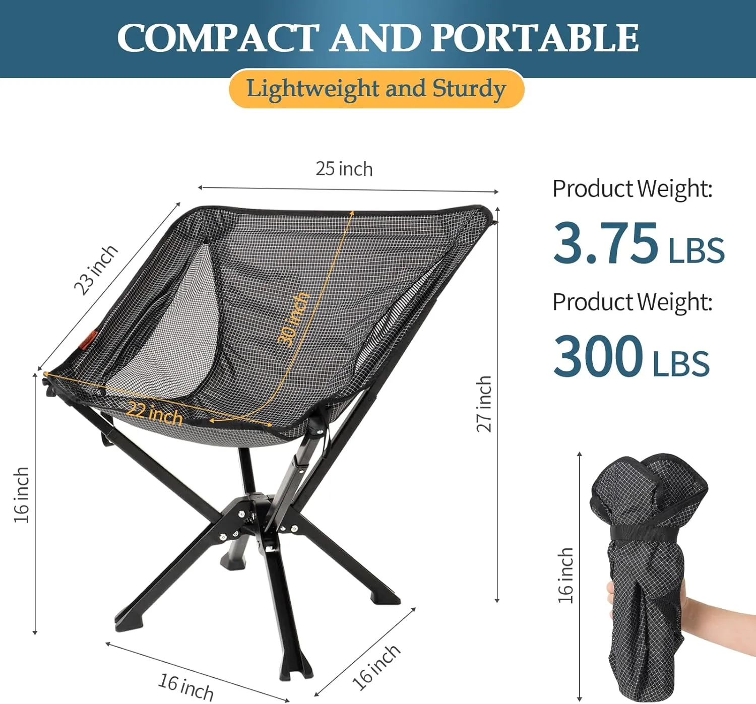Portable Chair with Carry Bag - Durable and Ultra-Light Folding Chair for Camping - Supports 300 Lbs - Perfect for Outdoor Adventures-3 Year Warranty