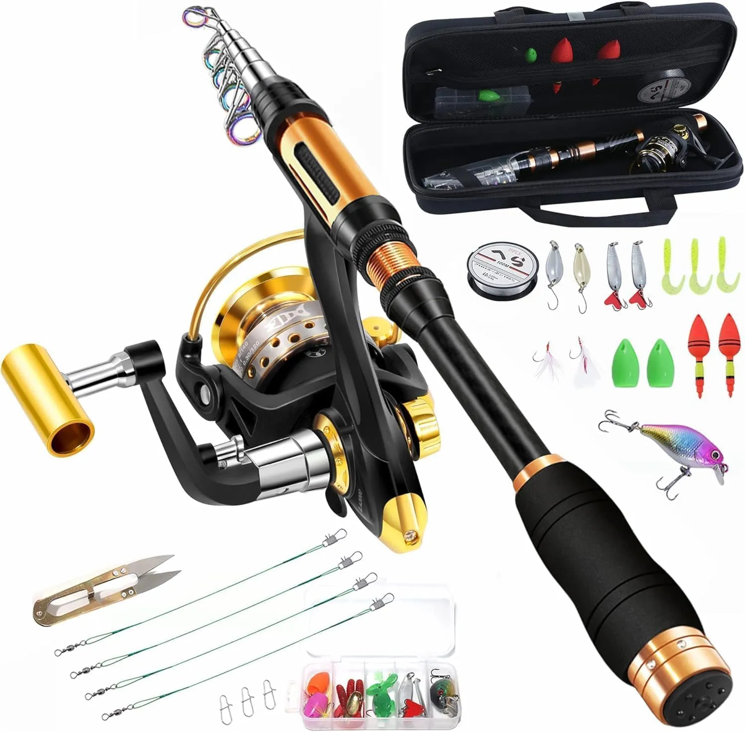 Portable Fishing Spinning Rod and Reel Combo Set Carbon Fiber Fluorescent Rod Tip, with Fishing Lures Line Carrier Bag Kits for Travel Surf 99 (Black-4, 2.1M/82.6in/6.88ft)