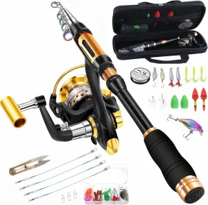Portable Fishing Spinning Rod and Reel Combo Set Carbon Fiber Fluorescent Rod Tip, with Fishing Lures Line Carrier Bag Kits for Travel Surf 99 (Black-4, 2.1M/82.6in/6.88ft)