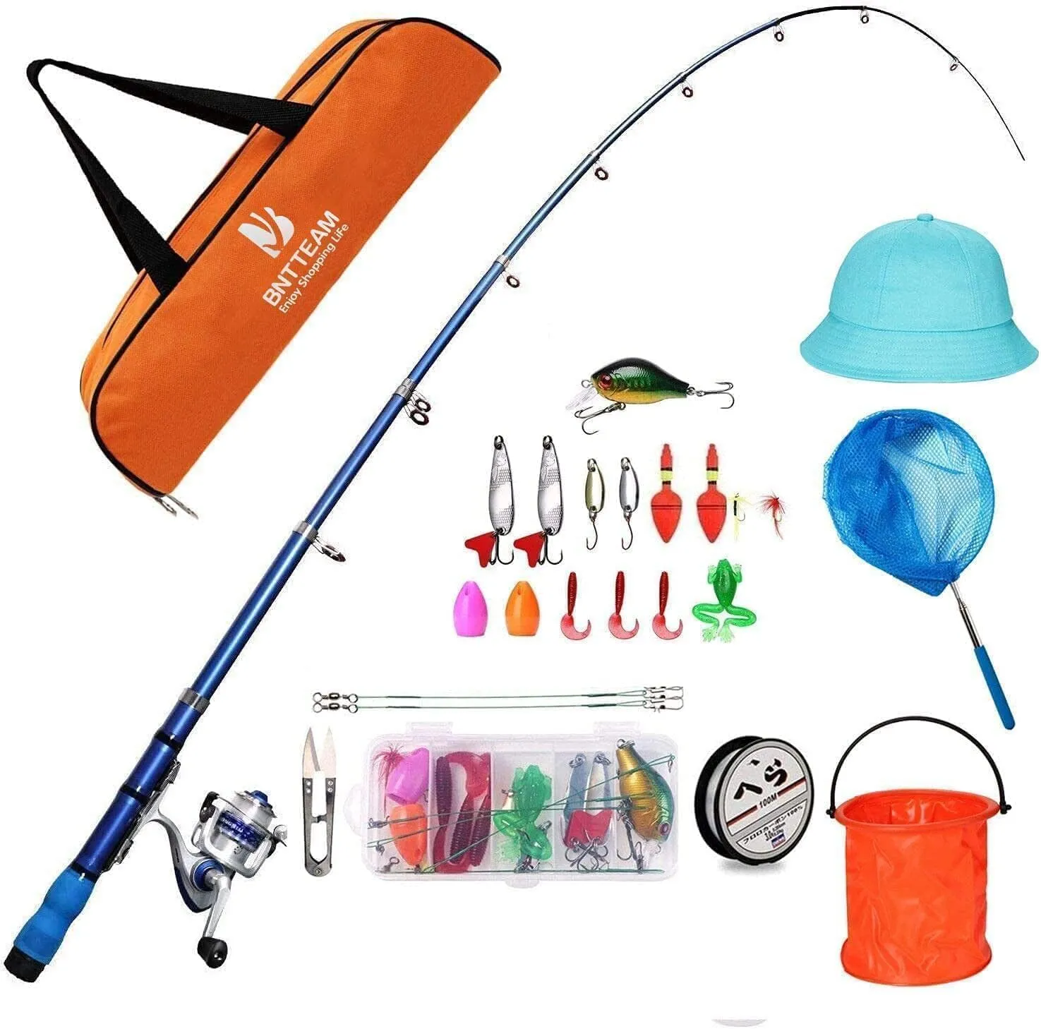 Portable Fishing Spinning Rod and Reel Combo Set Carbon Fiber Fluorescent Rod Tip, with Fishing Lures Line Carrier Bag Kits for Travel Surf 99 (Orange-1, 1.2M/47in/3.9ft)