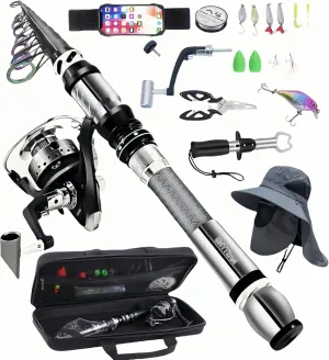 Portable Fishing Spinning Rod and Reel Combo Set Carbon Fiber Fluorescent Rod Tip, with Fishing Lures Line Carrier Bag Kits for Travel Surf Saltwater Freshwater (Sliver, 2.1M/82.6in/6.88ft)