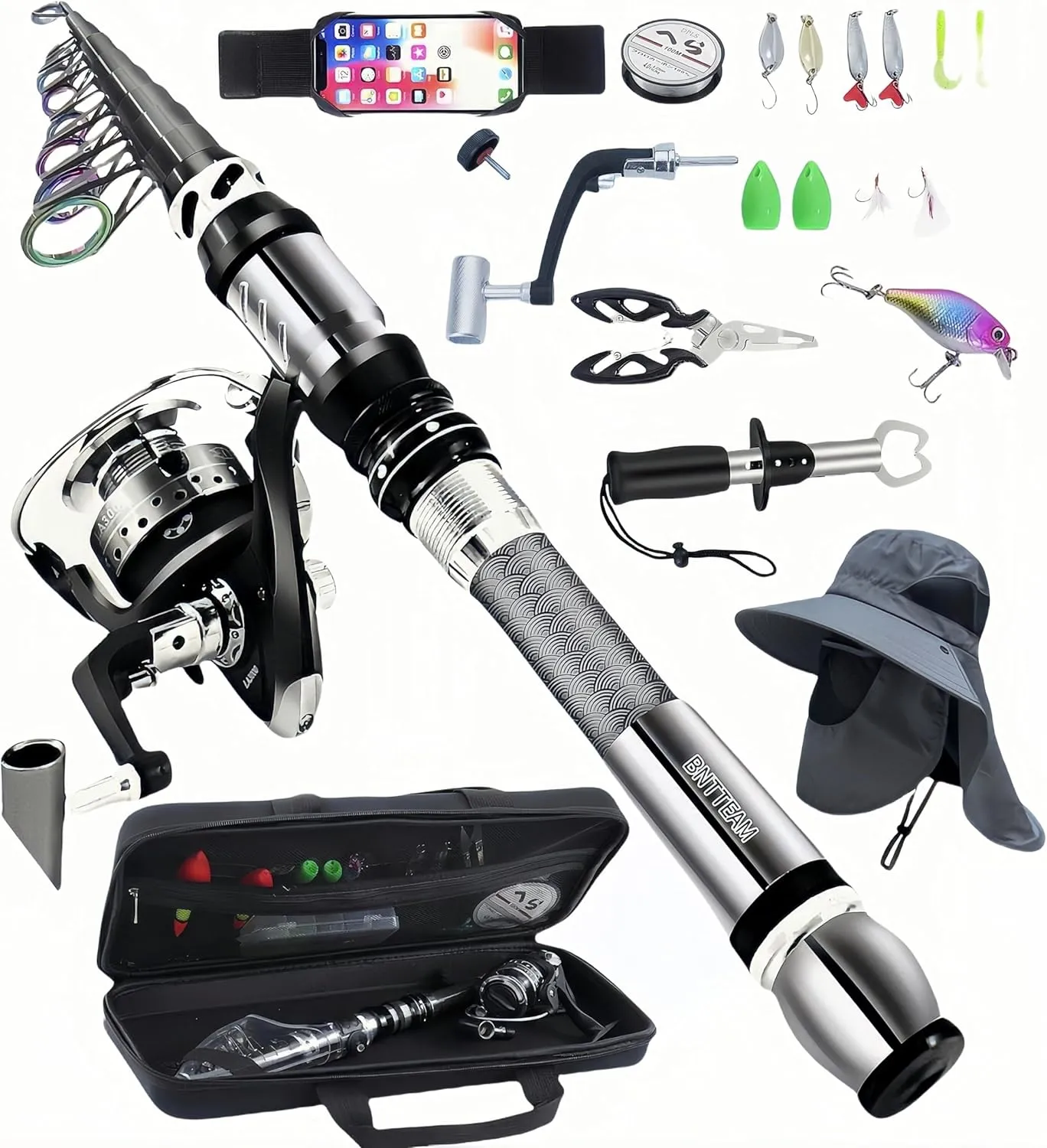 Portable Fishing Spinning Rod and Reel Combo Set Carbon Fiber Fluorescent Rod Tip, with Fishing Lures Line Carrier Bag Kits for Travel Surf Saltwater Freshwater (Sliver, 2.1M/82.6in/6.88ft)