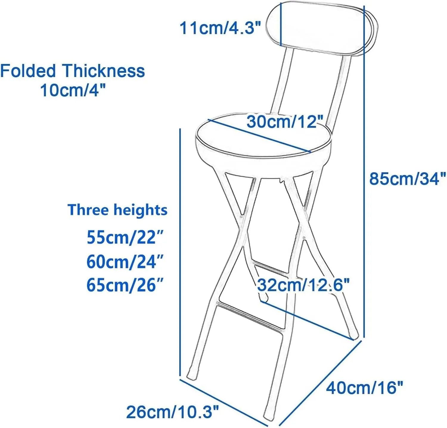 Portable Folding Bar Stool with Back Support & Footrest, Counter Height Chairs, Padded Seat, Lightweight & Compact Folding Stool for Home, Camping, Outdoor Use (10 65CM)