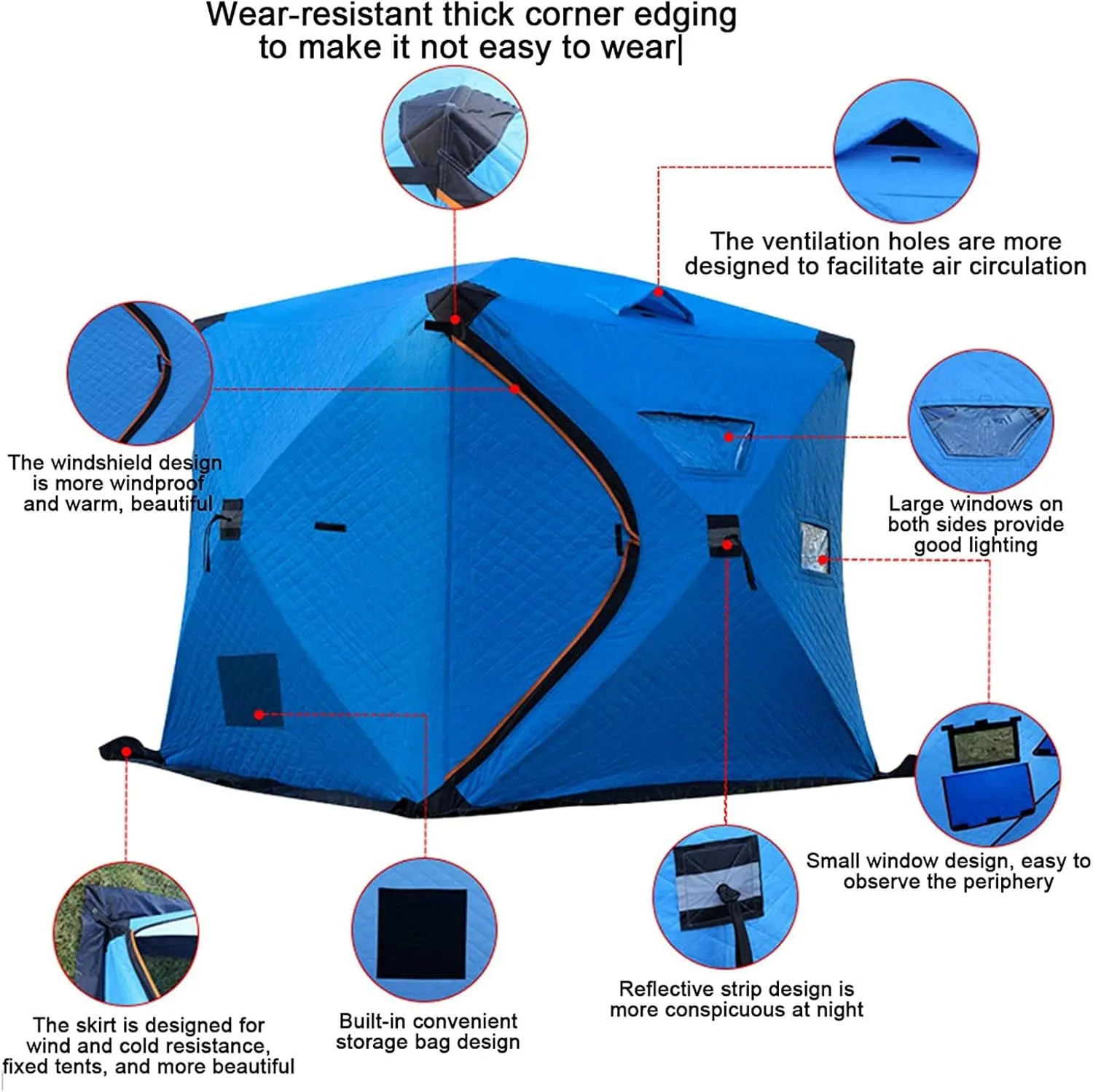 Portable Ice Fishing Shelter 3-4 Person Ice Fishing Tent Insulated Ice Fishing Shelter Thermal Ice Fishing Shanty with Insulated Layer for Winter Fishing