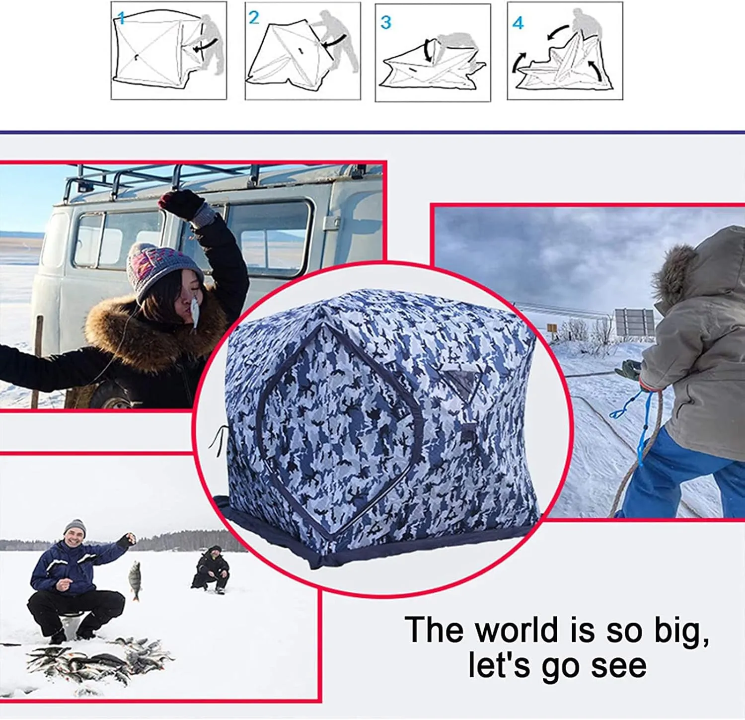 Portable Ice Fishing Shelter 3-4 Person Ice Fishing Tent Insulated Ice Fishing Shelter Thermal Ice Fishing Shanty with Insulated Layer for Winter Fishing