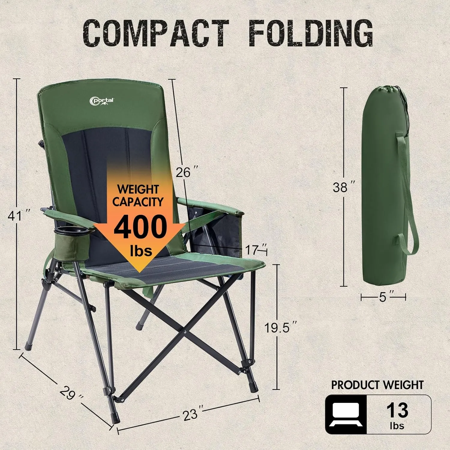 PORTAL Camping Chair with Lumbar Support for Adults Folding Portable High Back Oversized, 400LBS