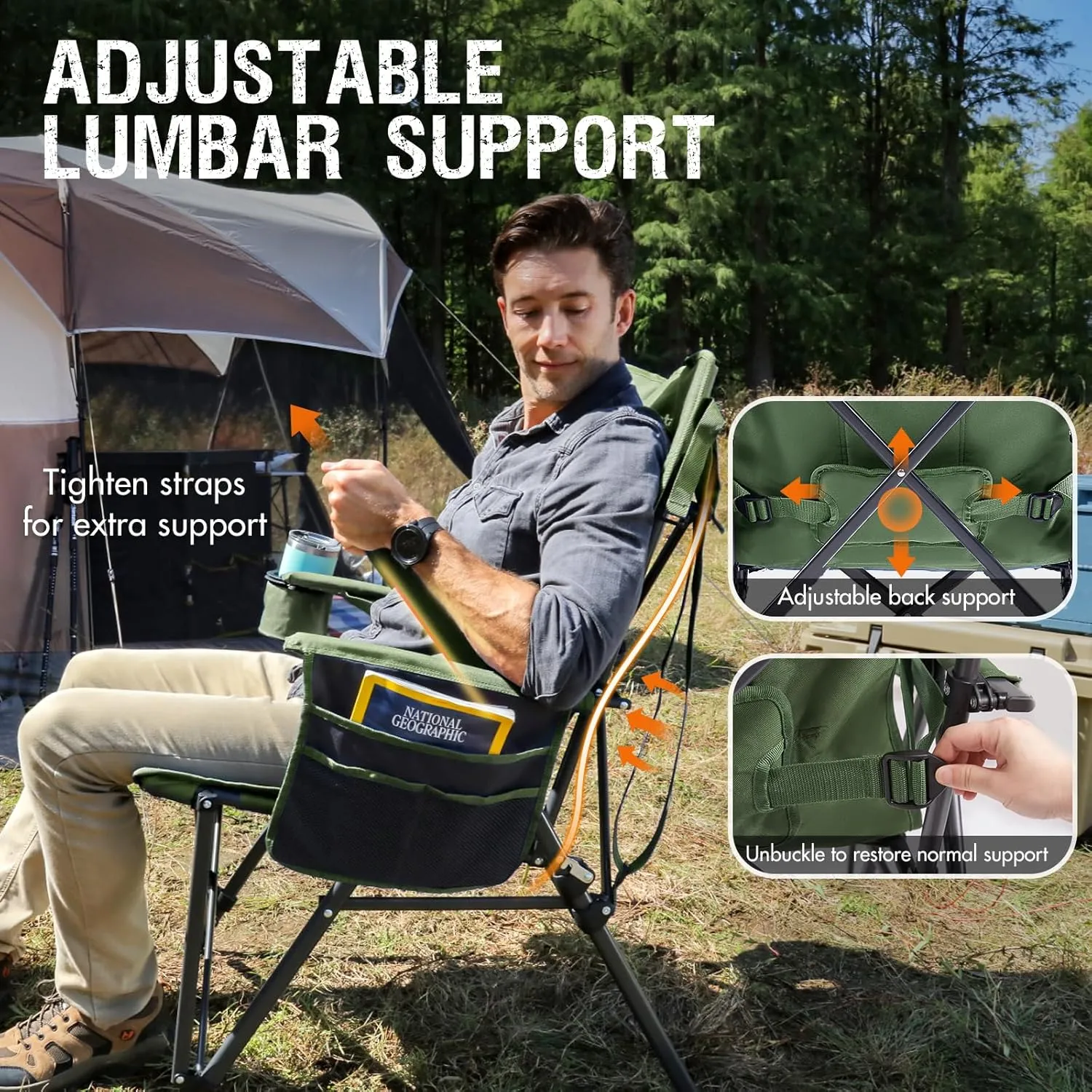 PORTAL Camping Chair with Lumbar Support for Adults Folding Portable High Back Oversized, 400LBS