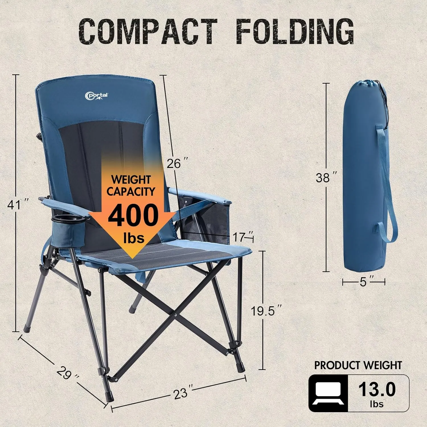 PORTAL Camping Chair with Lumbar Support for Adults Folding Portable High Back Oversized, 400LBS