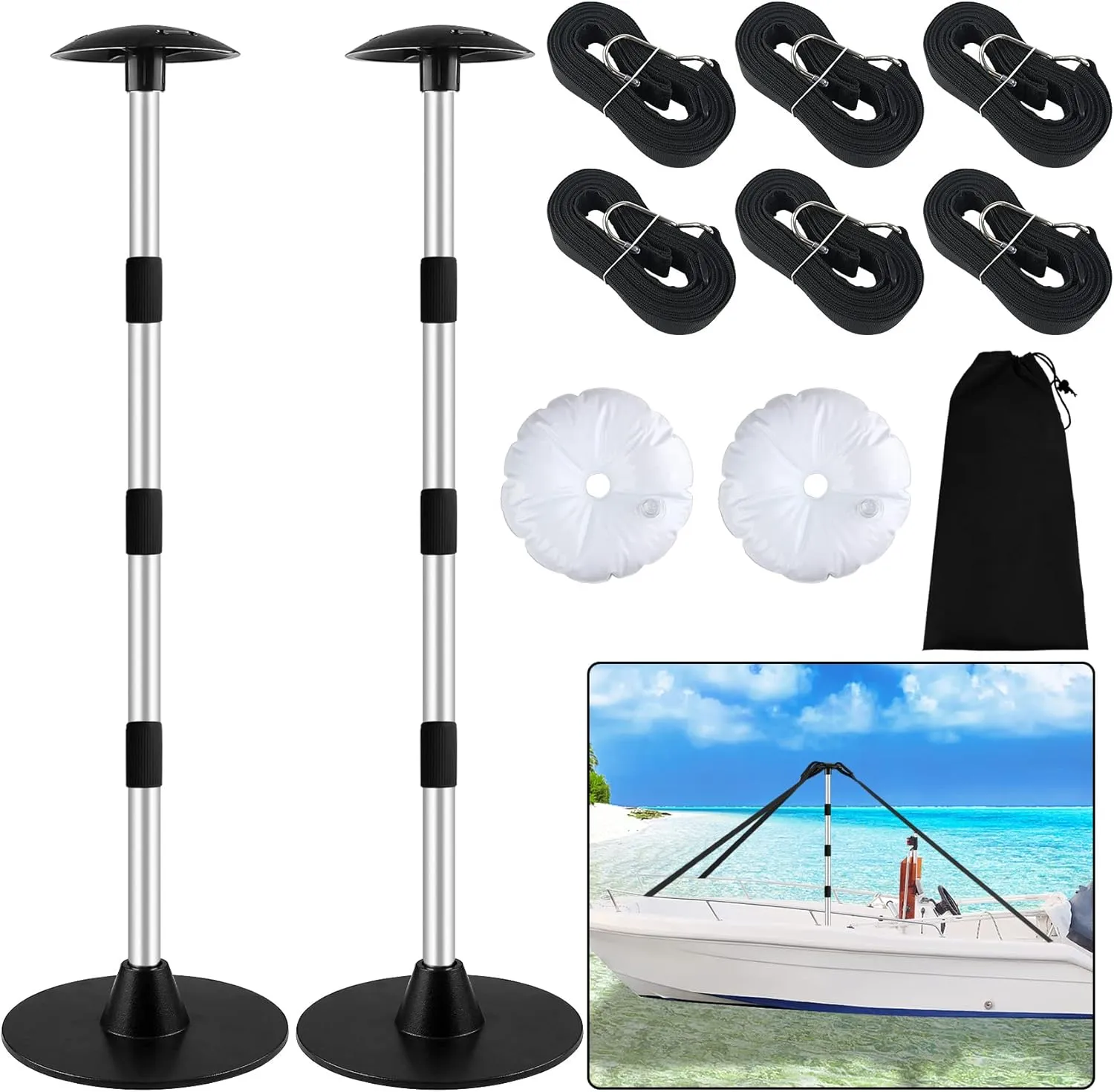 Premium Quality Boat Cover Support Poles 2 Pack, Aluminum Support Pole for Boat Cover with Webbing Strap, Extension Boat Cover Support Poles Adjustable Height at Will from 22” to 57.5” -(Black)