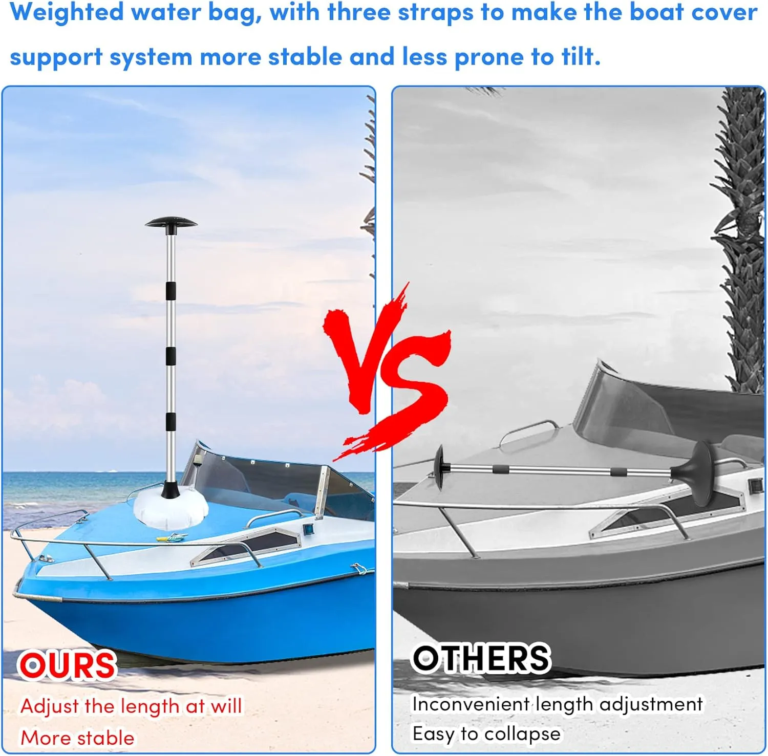 Premium Quality Boat Cover Support Poles 2 Pack, Aluminum Support Pole for Boat Cover with Webbing Strap, Extension Boat Cover Support Poles Adjustable Height at Will from 22” to 57.5” -(Black)