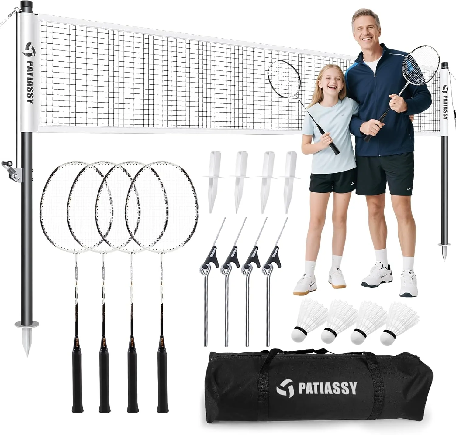Professional Badminton Set with Carbon Aluminum Rackets (Set of 4), Portable Outdoor Badminton Net with Winch System, 4 Nylon Shuttlecocks and Bag