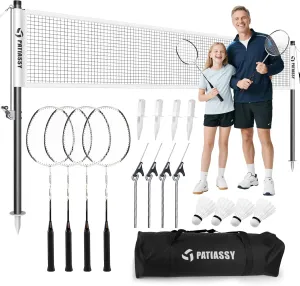 Professional Badminton Set with Carbon Aluminum Rackets (Set of 4), Portable Outdoor Badminton Net with Winch System, 4 Nylon Shuttlecocks and Bag