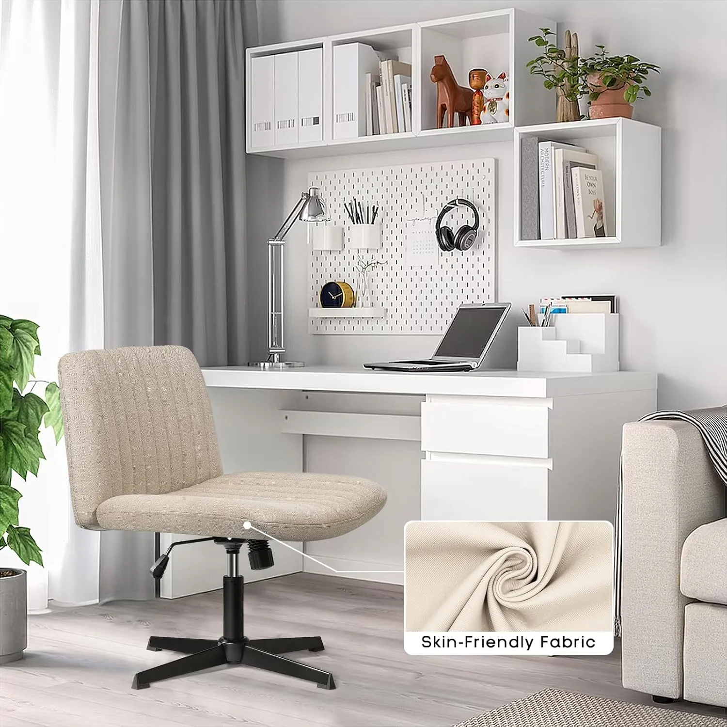 PUKAMI Criss Cross Chair,Comfy Cross Legged Office Desk Chair No Wheels,Modern Fabric Swivel Adjustable Height Mid Back Wide Seat for Home Office Computer Makeup Vanity Task(Beige)