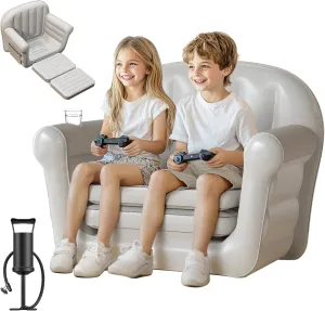 QPAU Inflatable Couch, Extra Wide 2-in-1 Toddler Couch Fold Out with Plush, Convertible Kids Couchs to Lounger for Baby Boys Girls, Portable Sleeper Sofa for Home Camping Travel