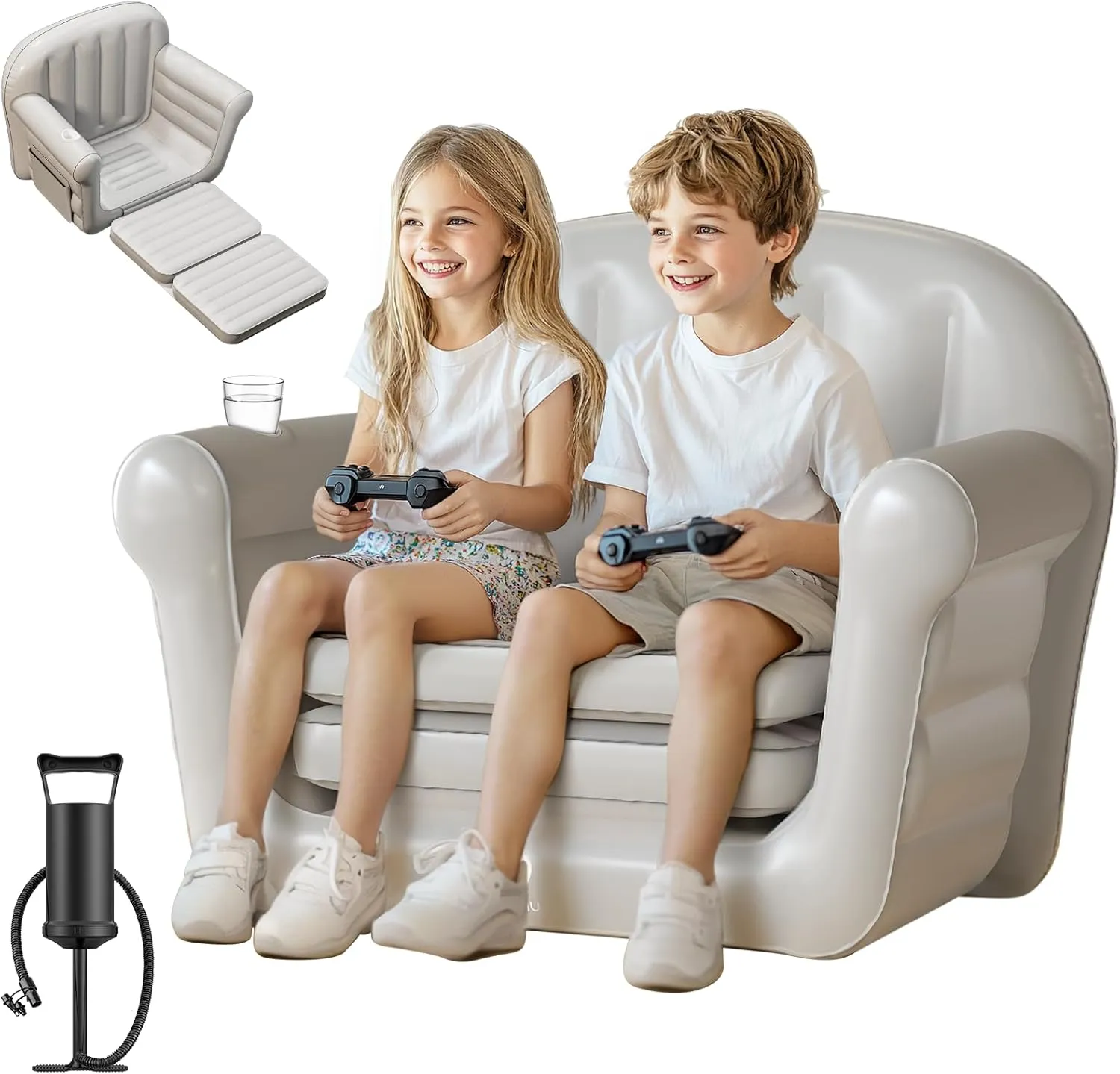 QPAU Inflatable Couch, Extra Wide 2-in-1 Toddler Couch Fold Out with Plush, Convertible Kids Couchs to Lounger for Baby Boys Girls, Portable Sleeper Sofa for Home Camping Travel