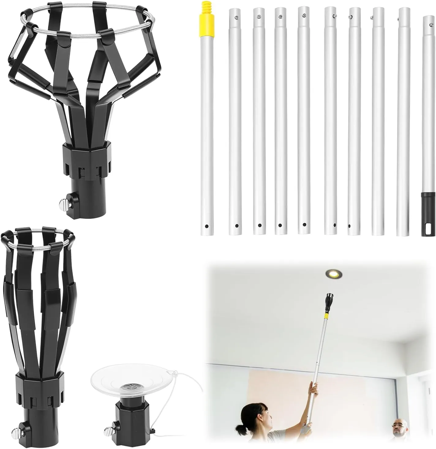 QWORK Light Bulb Changer with Pole and Suction Cup, 13ft Adjustable Aluminum Telescopic Extension Pole Changer with 8-Finger Cage & Suction Cup Head, Secure Bulb Replacement Tool