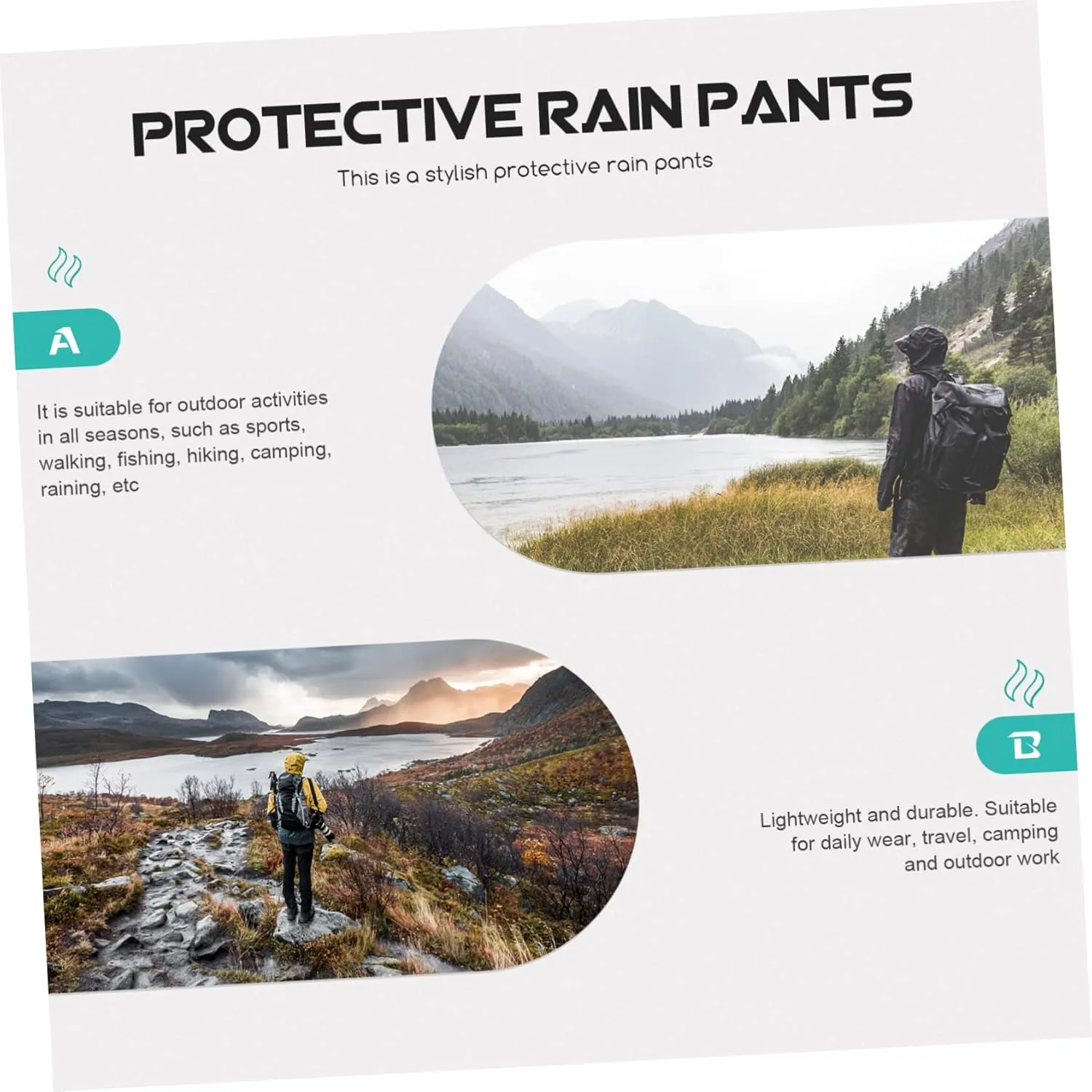 Rainproof Pants Waterproof Pants Double-Layered Wear-Resistant Breathable Elastic Waistband Black