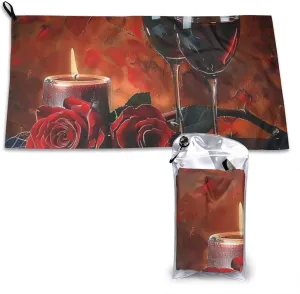 Red Wine Rose and Candle Printed Microfiber Towels with Bag and Carabiner, Quick Dry Absorbent Hand Face Towels for Gym Beach Swim Pool Travel Yoga Spa, 31.5"x16"