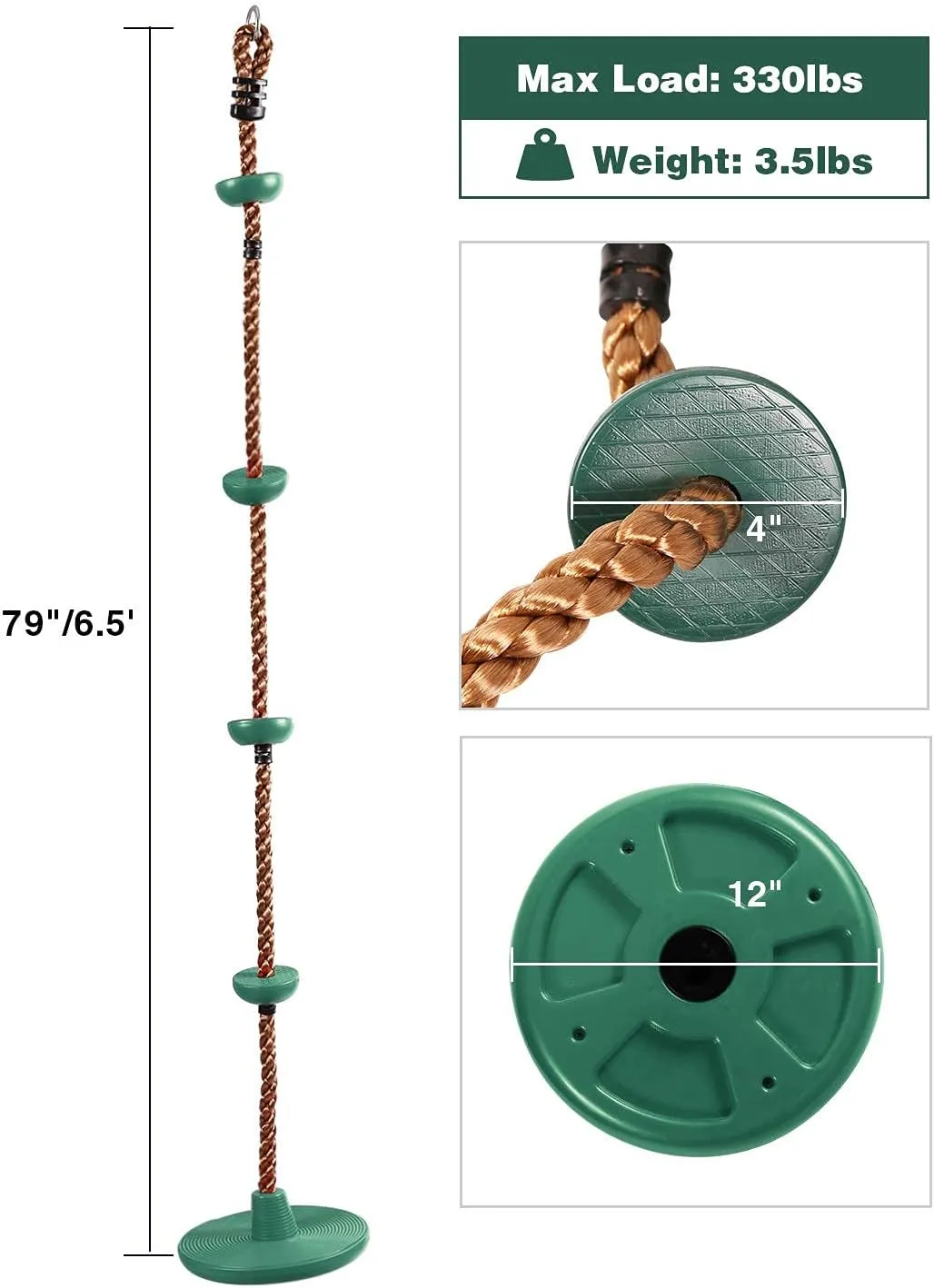 REDCAMP Climbing Rope Swings for Trees, Heavy Duty Plastic Disc Swing Seat for Kids and Adults with Hanging Strap and Snap Hooks, Green