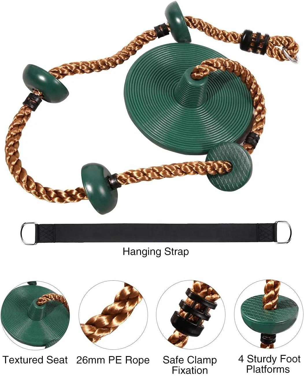 REDCAMP Climbing Rope Swings for Trees, Heavy Duty Plastic Disc Swing Seat for Kids and Adults with Hanging Strap and Snap Hooks, Green