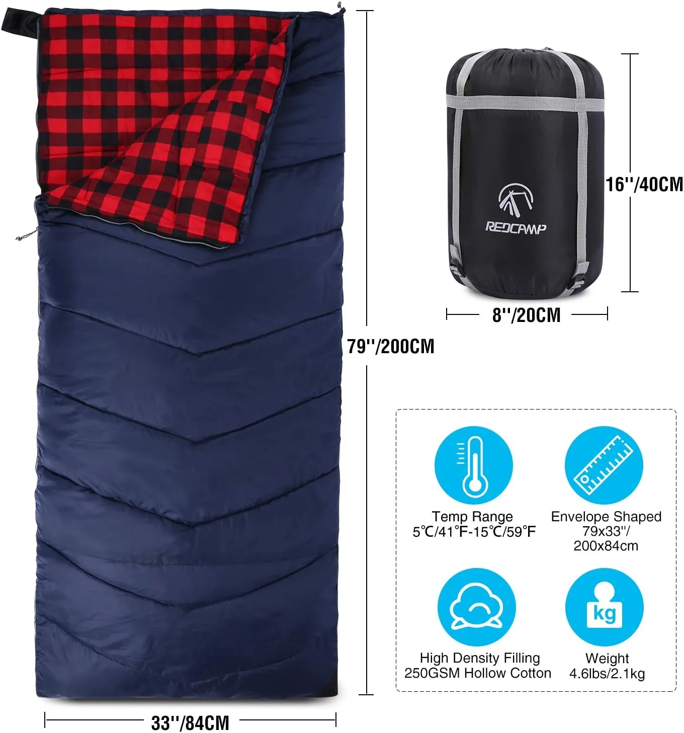 REDCAMP Cotton Flannel Sleeping Bag for Camping Backpacking, Adults Cold Weather Envelope Sleeping Bags with 2/3/4lbs Filling