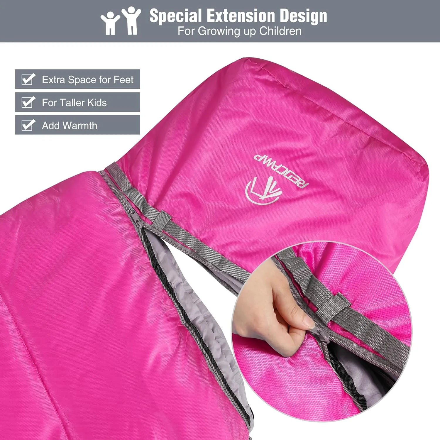 REDCAMP Kids Mummy Sleeping Bag for Camping, 3 Season Cold Weather Sleeping Bag Fit Boys,Girls & Teens, Blue/Rose Red