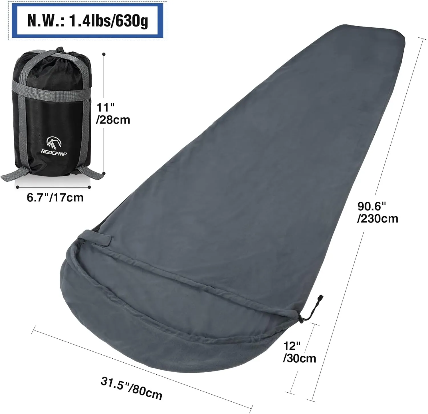 REDCAMP Mummy Fleece Sleeping Bag Liner with Hood, Great for Adult Warm or Cold Weather, 90" Long Full Sized Zipper Camping Blanket for Outdoor, Grey