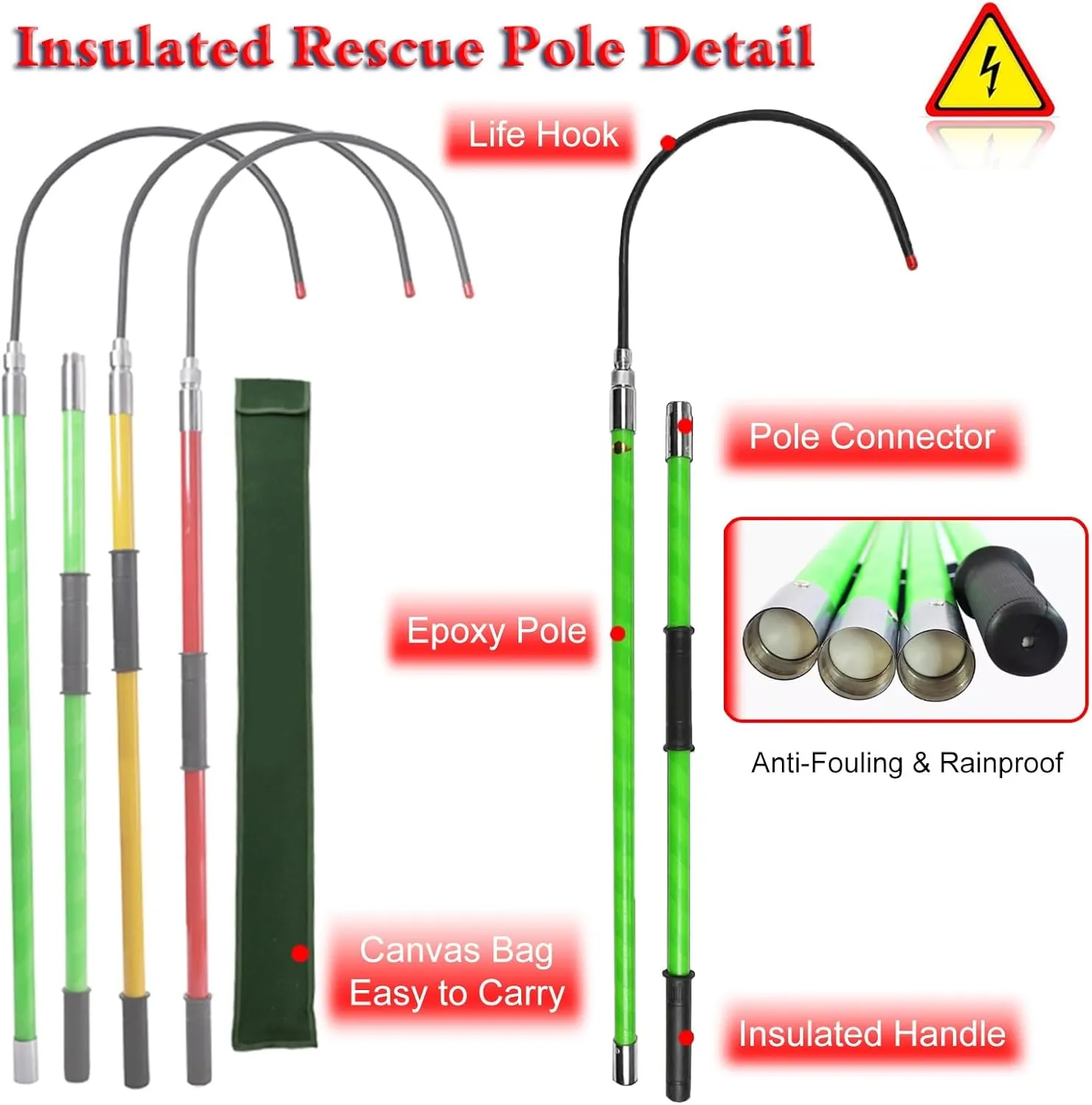 Rescue Hook Lifeguard Rod Insulated Body Rescue Hook, 3 5 6 10 Ft Long Lightweight Anti Electric Shock Rescue Pole for New Energy Vehicle Repairs, 10KV 35KV 110KV 220KV High Voltage Electrical Lifegua