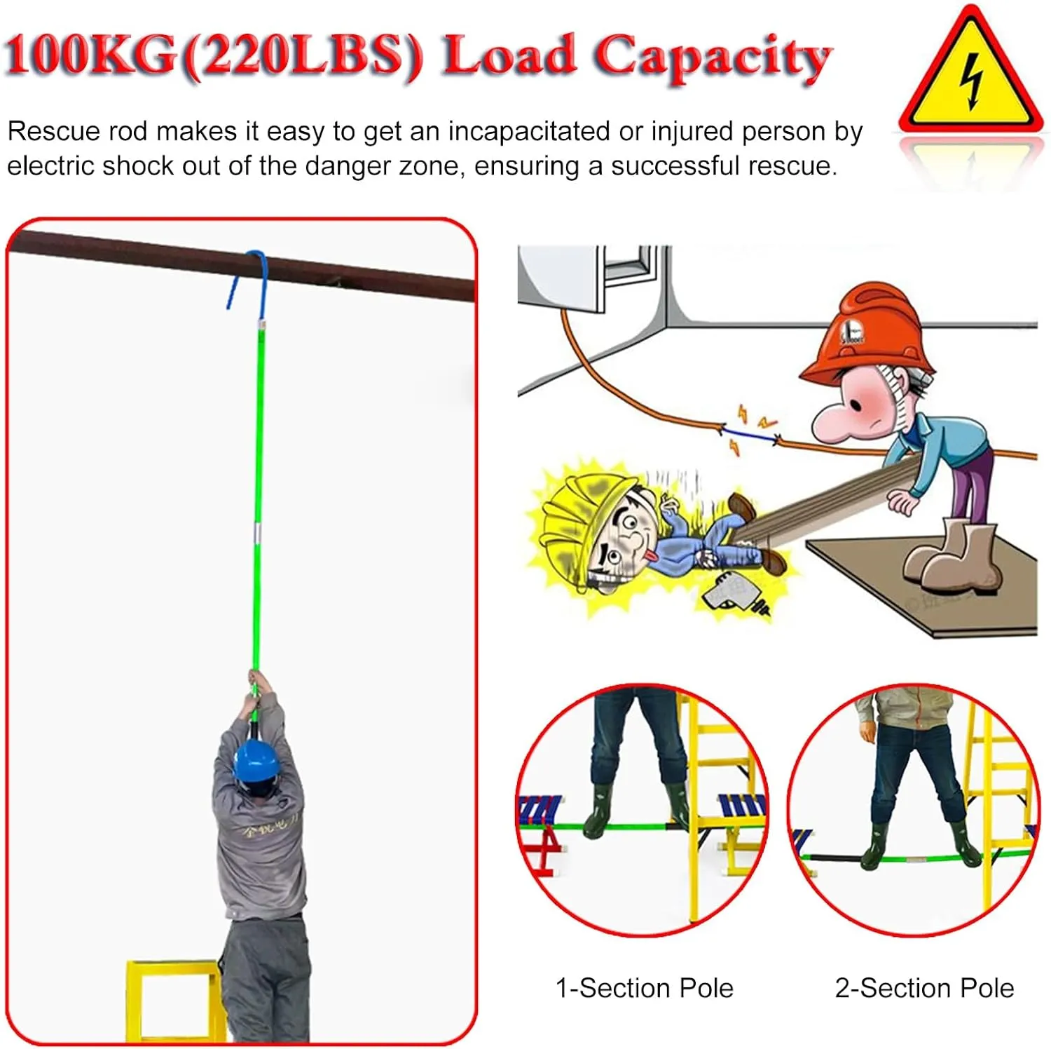 Rescue Hook Lifeguard Rod Insulated Body Rescue Hook, 3 5 6 10 Ft Long Lightweight Anti Electric Shock Rescue Pole for New Energy Vehicle Repairs, 10KV 35KV 110KV 220KV High Voltage Electrical Lifegua