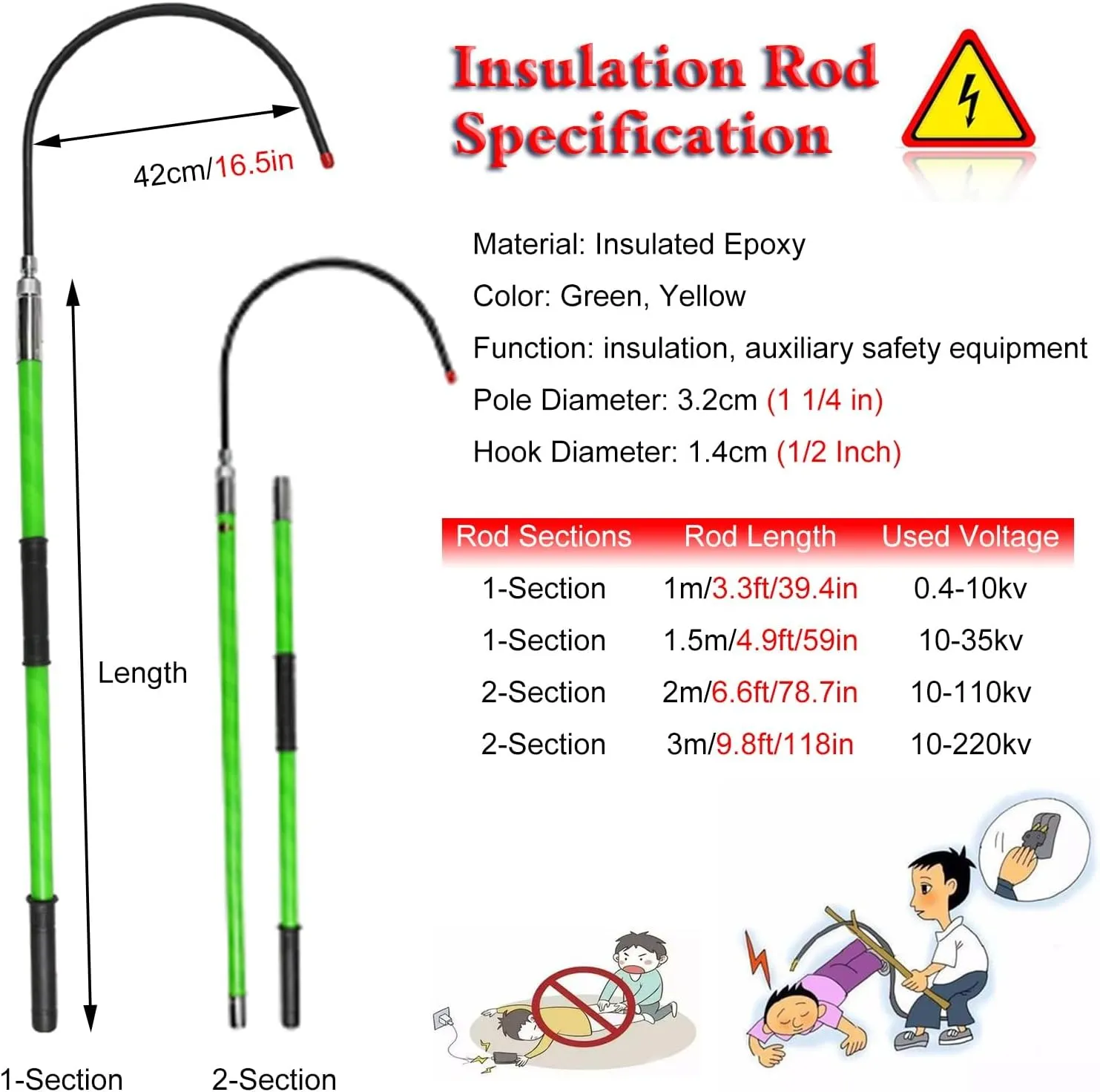Rescue Hook Lifeguard Rod Insulated Body Rescue Hook, 3 5 6 10 Ft Long Lightweight Anti Electric Shock Rescue Pole for New Energy Vehicle Repairs, 10KV 35KV 110KV 220KV High Voltage Electrical Lifegua