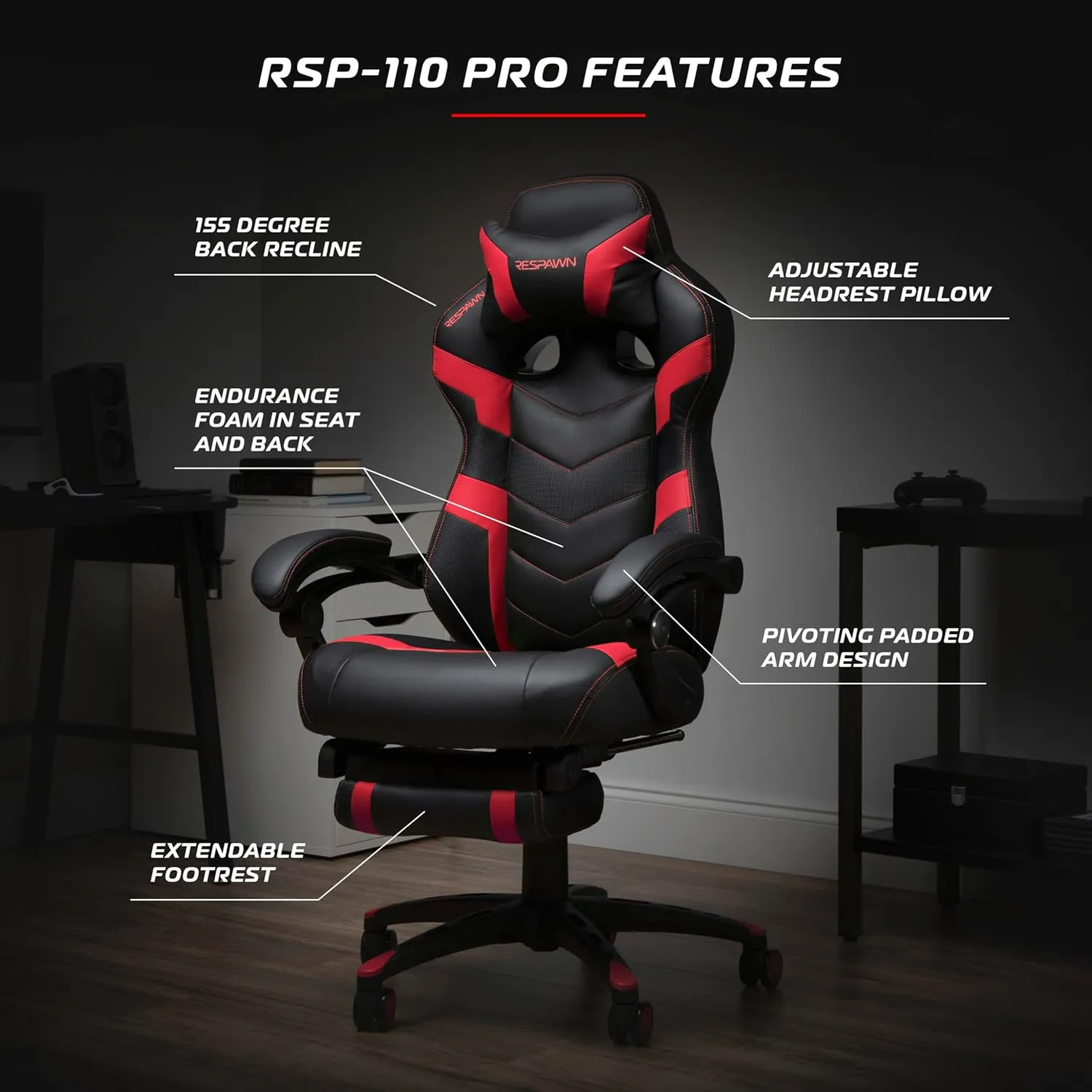 RESPAWN 110 Ergonomic Gaming Chair With Footrest Recliner - Racing Style High Back PC Computer Desk Office Chair - 360 Swivel, Lumbar Support, Adjustable Headrest Pillow, Padded Armrests - 2021 Red