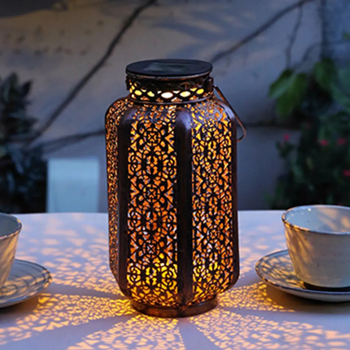 Retro Solar Hanging Lantern – LED Solar Powered Metal Pathway Lamp with Hollow Design for Outdoor Garden, Patio, and Yard Decoration