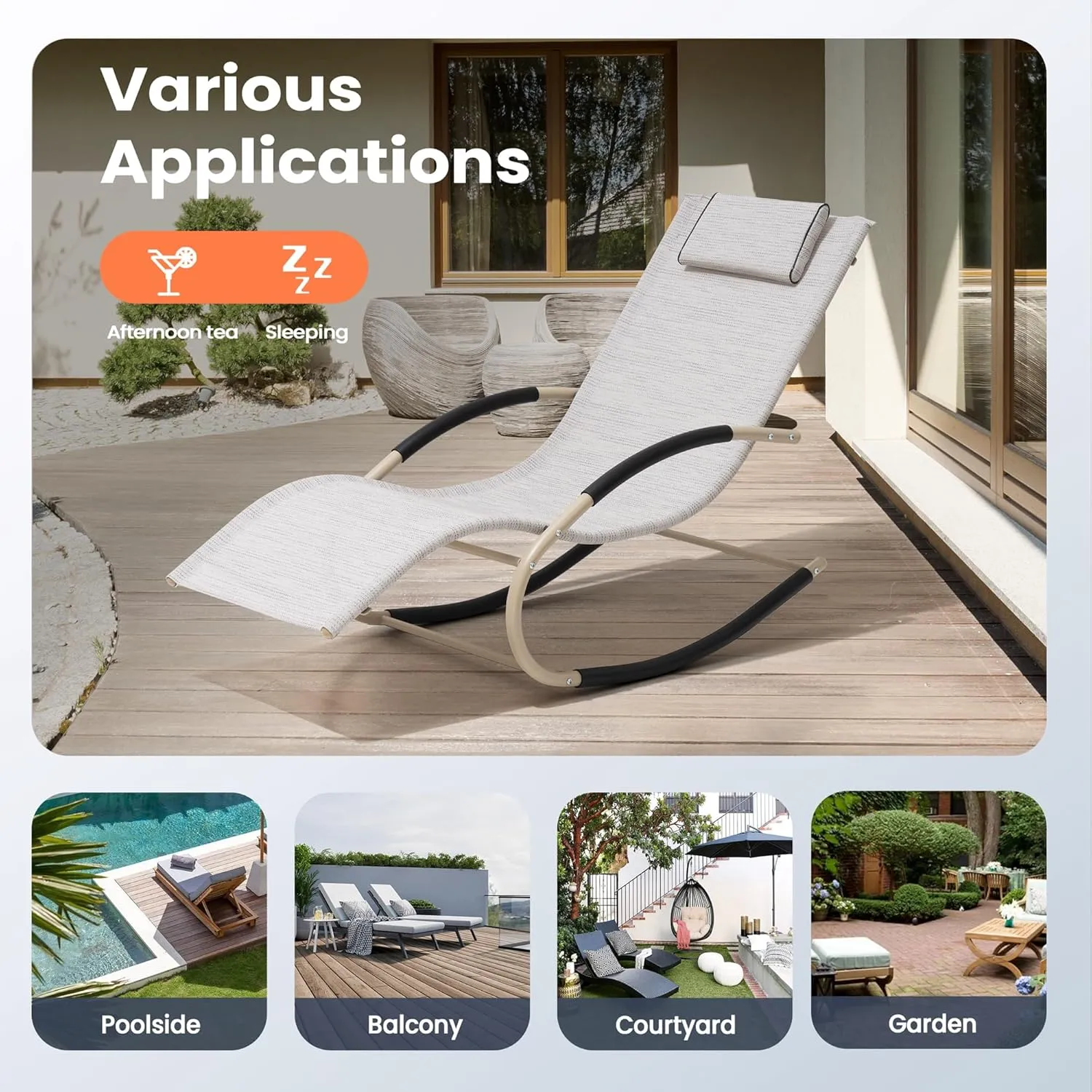 Rocking Outdoor Lounger Chair Chaise Lounge Zero Gravity Rocker - Patio Lounge Chair Rocking Sunlonger for Sunbathing, Napping for Patio, Garden, Living Room