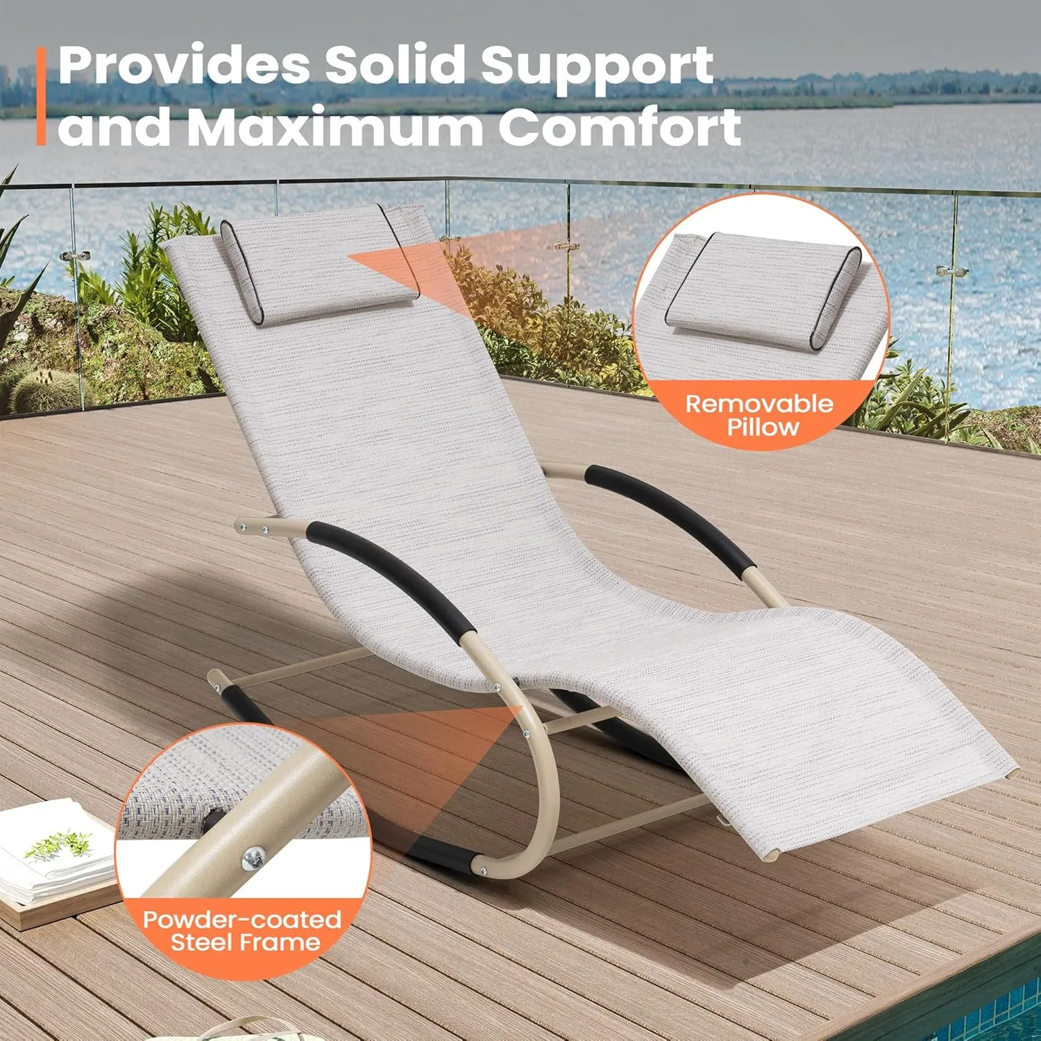 Rocking Outdoor Lounger Chair Chaise Lounge Zero Gravity Rocker - Patio Lounge Chair Rocking Sunlonger for Sunbathing, Napping for Patio, Garden, Living Room