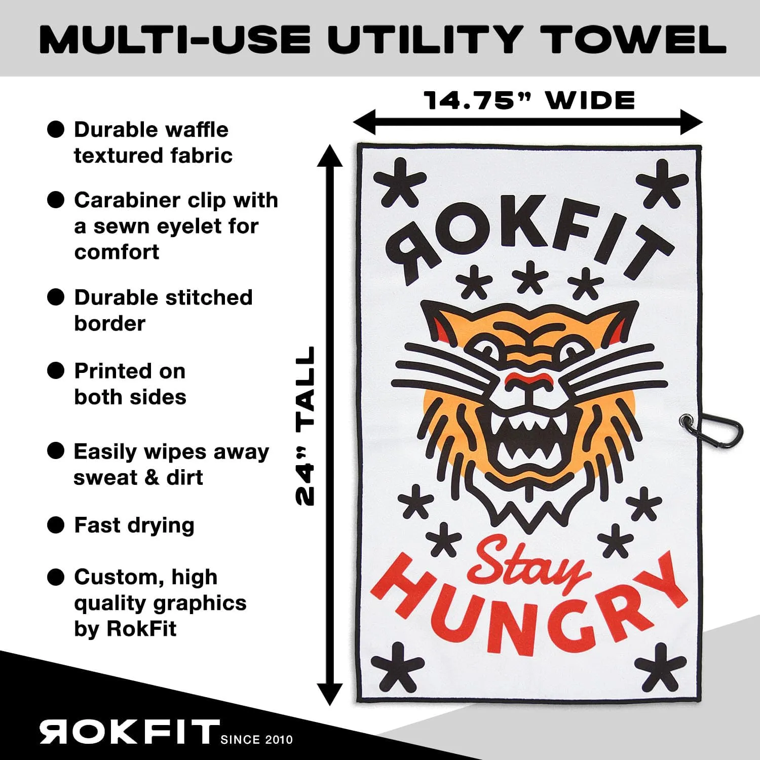 RokFit Gym & Golf Towel – Multi-Use, Quick-Dry, Durable Utility Towel with Bold Graphic and Carabiner Clip (Stay Hungry)