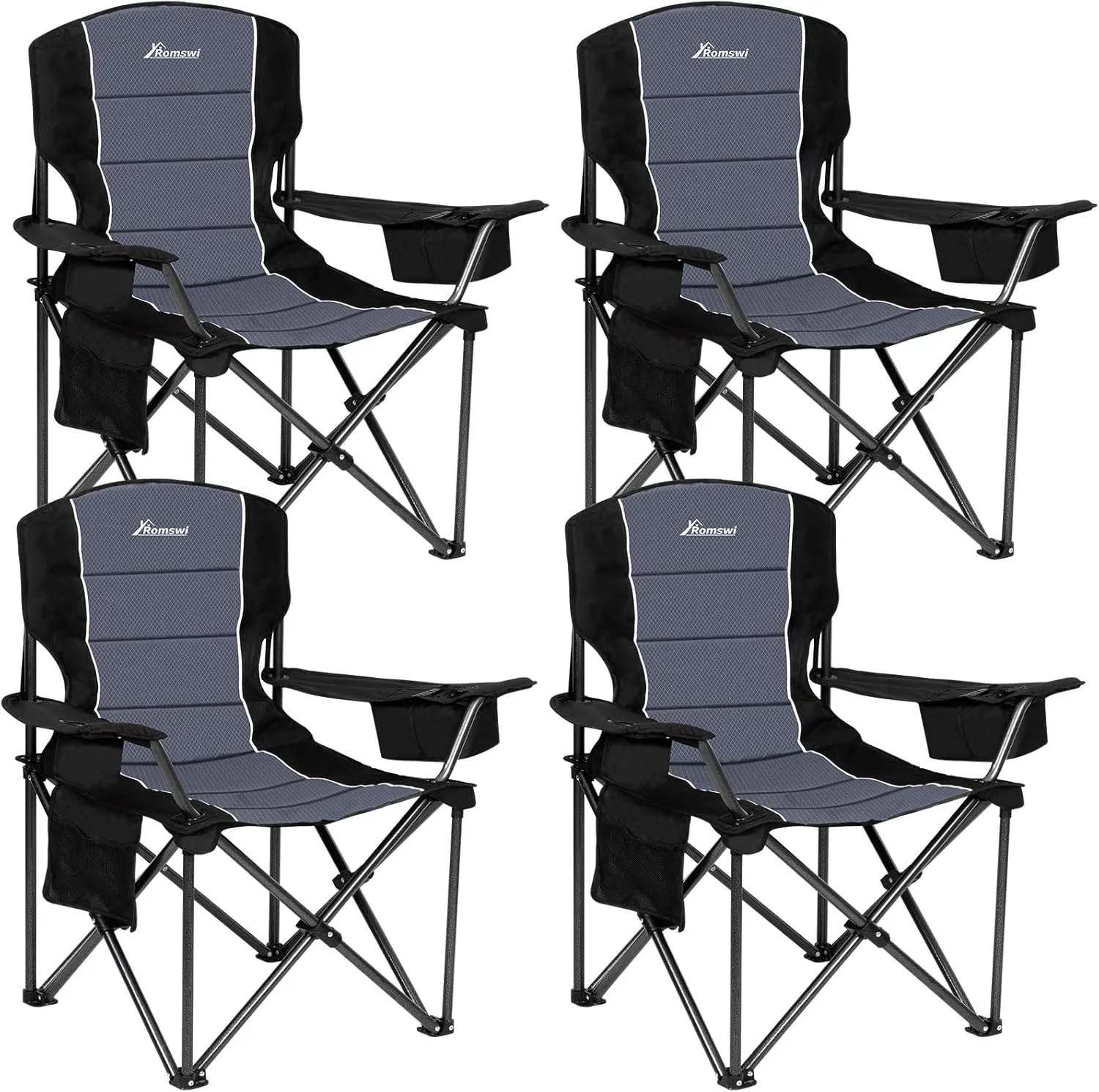 Romswi Oversized Camping Chairs,Heavy Duty Support 500 LBS,Padded Back & Arm Sport Chairs, Cup Holder Cooler Bag, Collapsible Folding Chairs for Outdoor, Fishing & Garden