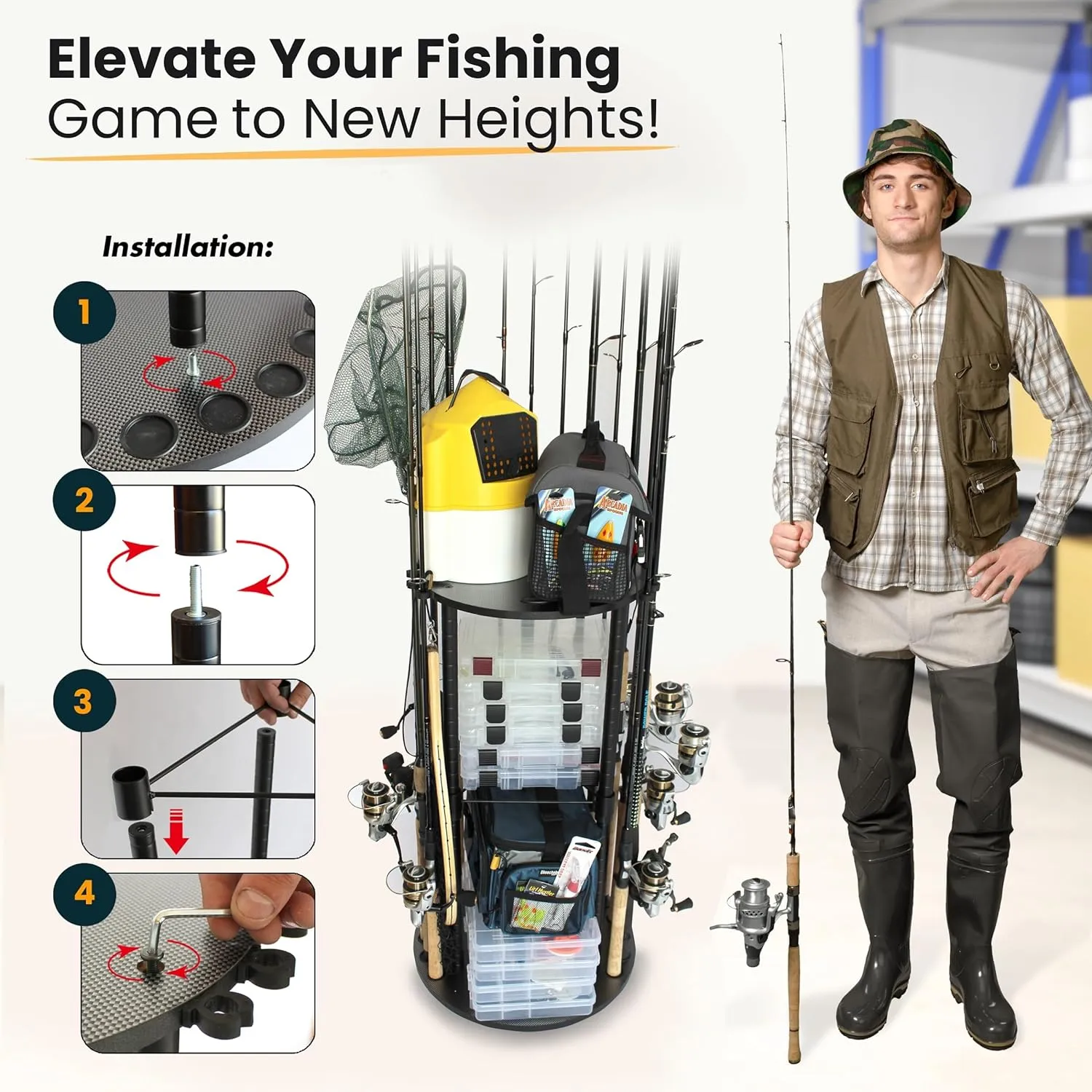 Rush Creek Creations Rod Holders for Garage Fishing Pole Rack Holds up to 12 Rods and Reel Combos - Mobile Garage or Shed Organizer car Fishing Gear Storage