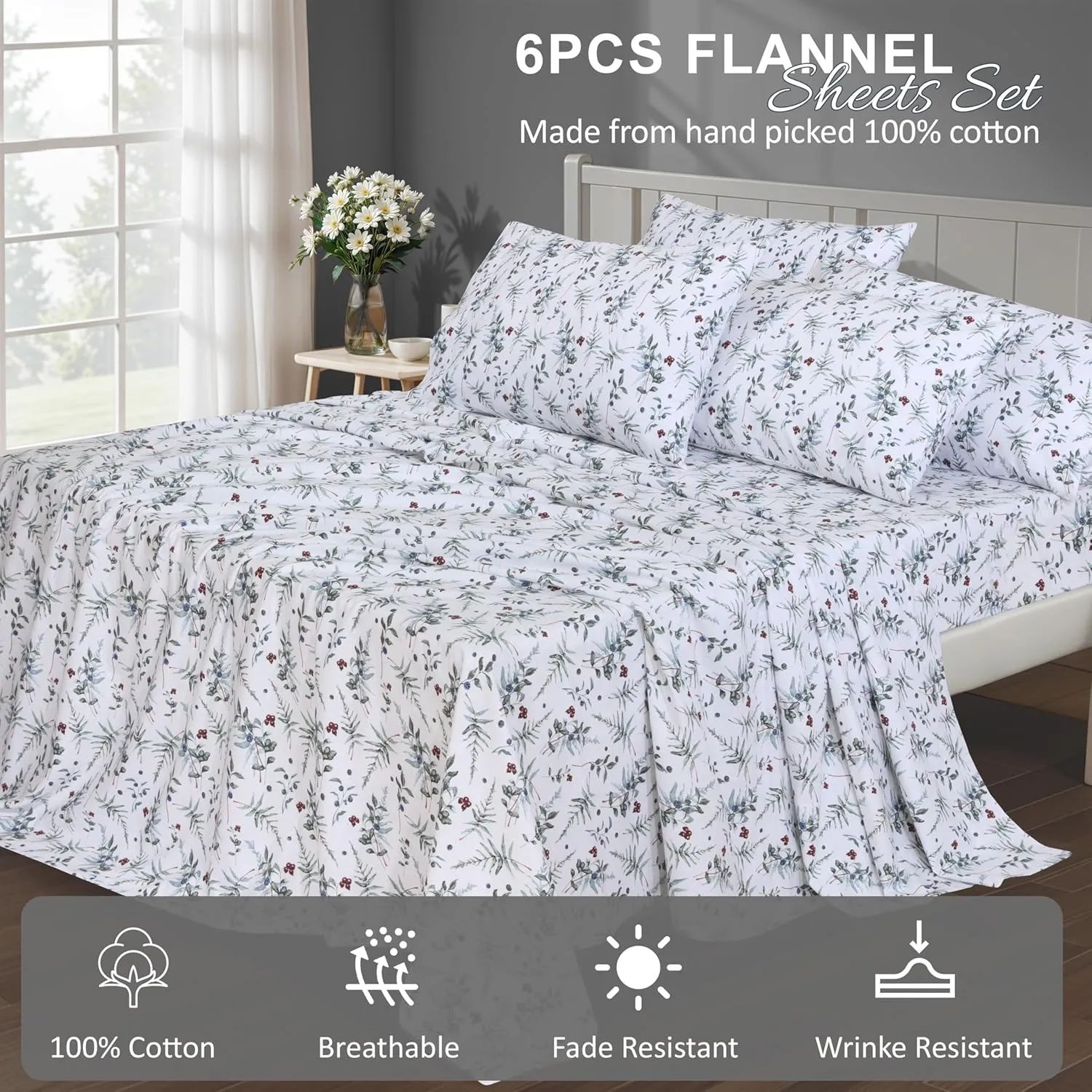 RUVANTI Flannel Sheets Queen Size 6 Pcs - 100% Cotton Double Brushed Bed Sheets, Deep Pockets 16 Inches Queen Sheet Set, All Seasons Breathable, Extra Soft & Comfy, Christmas Attraction