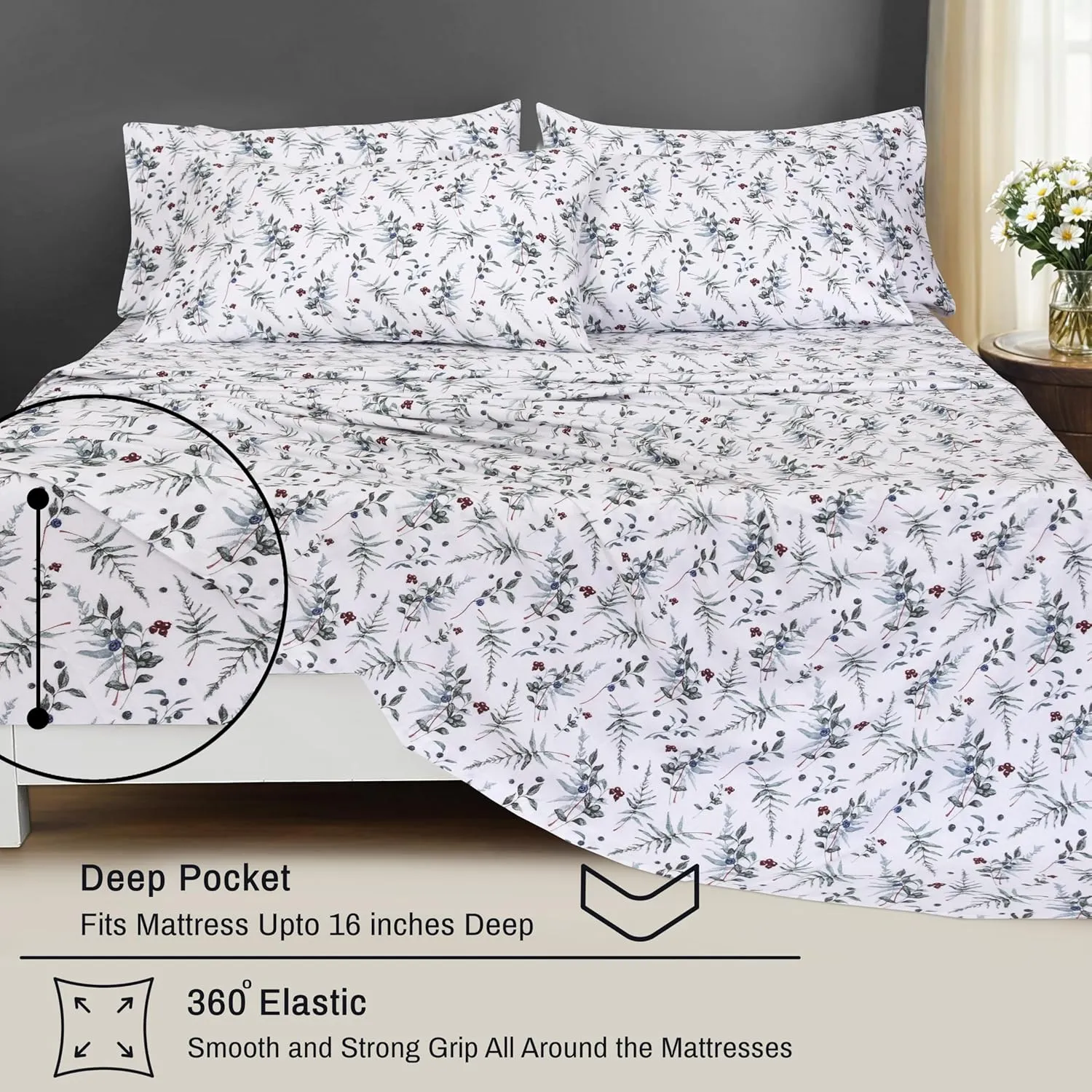 RUVANTI Flannel Sheets Queen Size 6 Pcs - 100% Cotton Double Brushed Bed Sheets, Deep Pockets 16 Inches Queen Sheet Set, All Seasons Breathable, Extra Soft & Comfy, Christmas Attraction