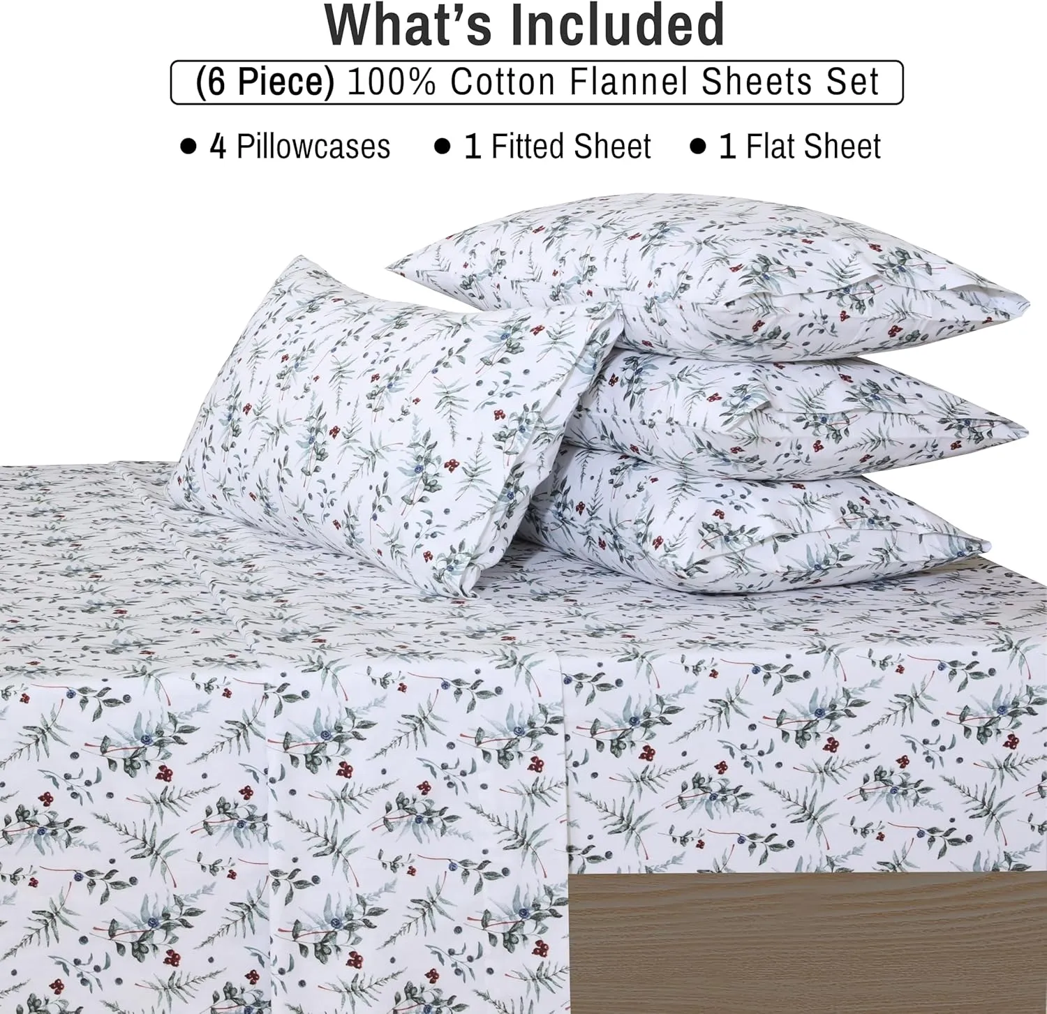 RUVANTI Flannel Sheets Queen Size 6 Pcs - 100% Cotton Double Brushed Bed Sheets, Deep Pockets 16 Inches Queen Sheet Set, All Seasons Breathable, Extra Soft & Comfy, Christmas Attraction